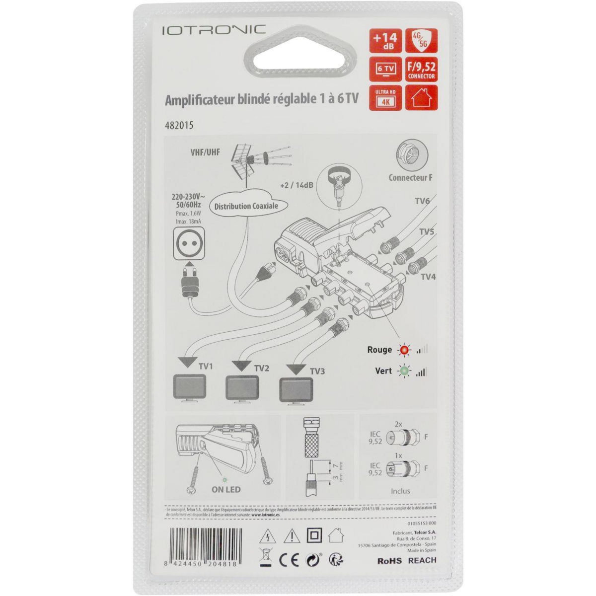 TELEVES Amplificateur TV intérieur 6 TV 14db réglable avec LED