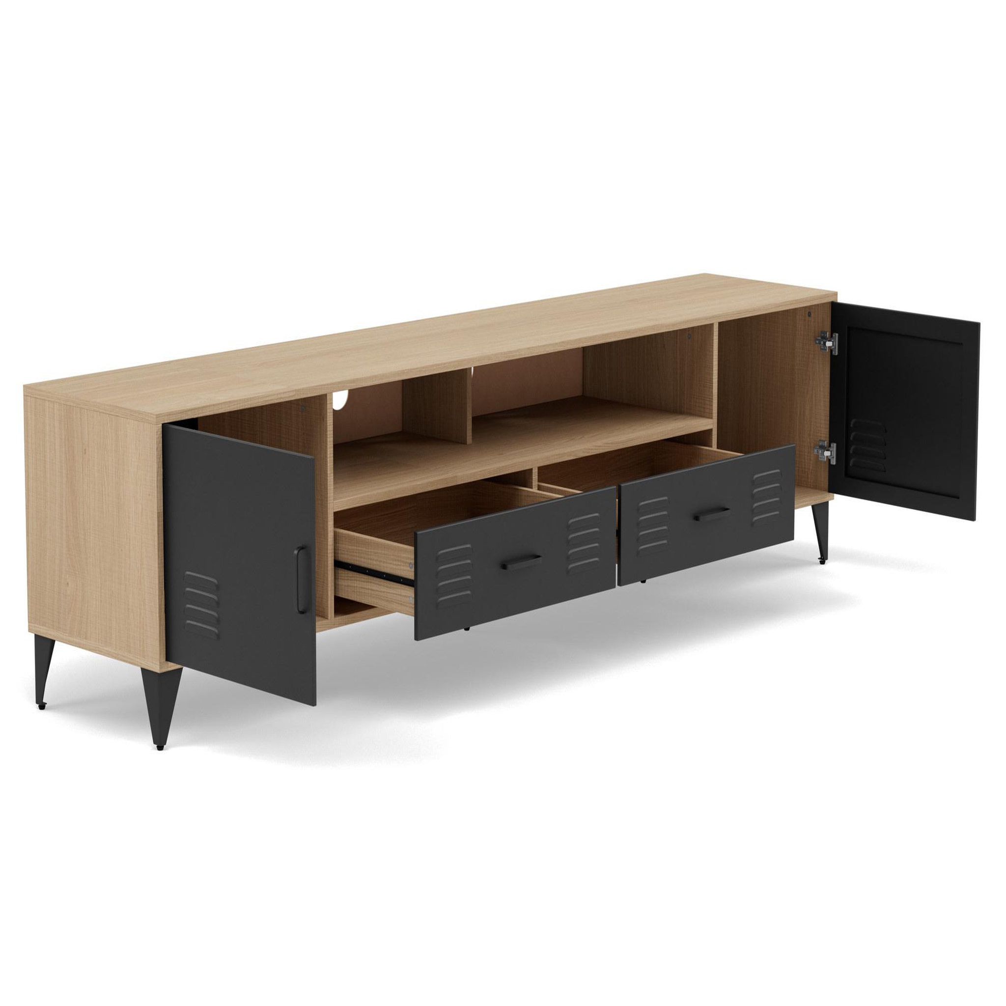 Voir la diapositive 3 : BEST MOBILIER Tribeca - meuble tv - effet bois et métal noir - 2 portes et 2 tiroirs - 200 cm