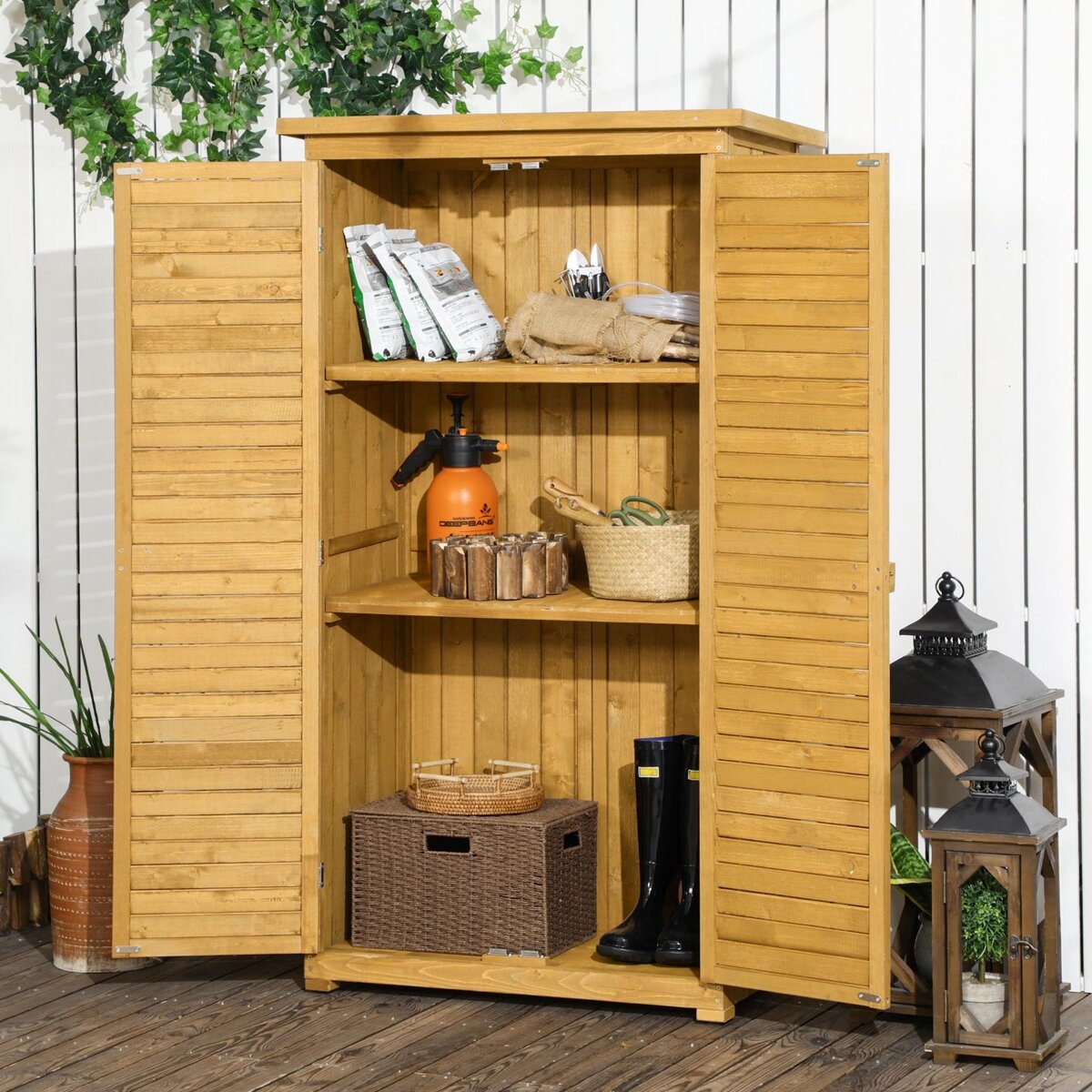 OUTSUNNY Armoire de jardin abri jardin remise pour outils sur pied 2 étagères portes persiennes toit bitumé étanche bois sapin pré-huilé