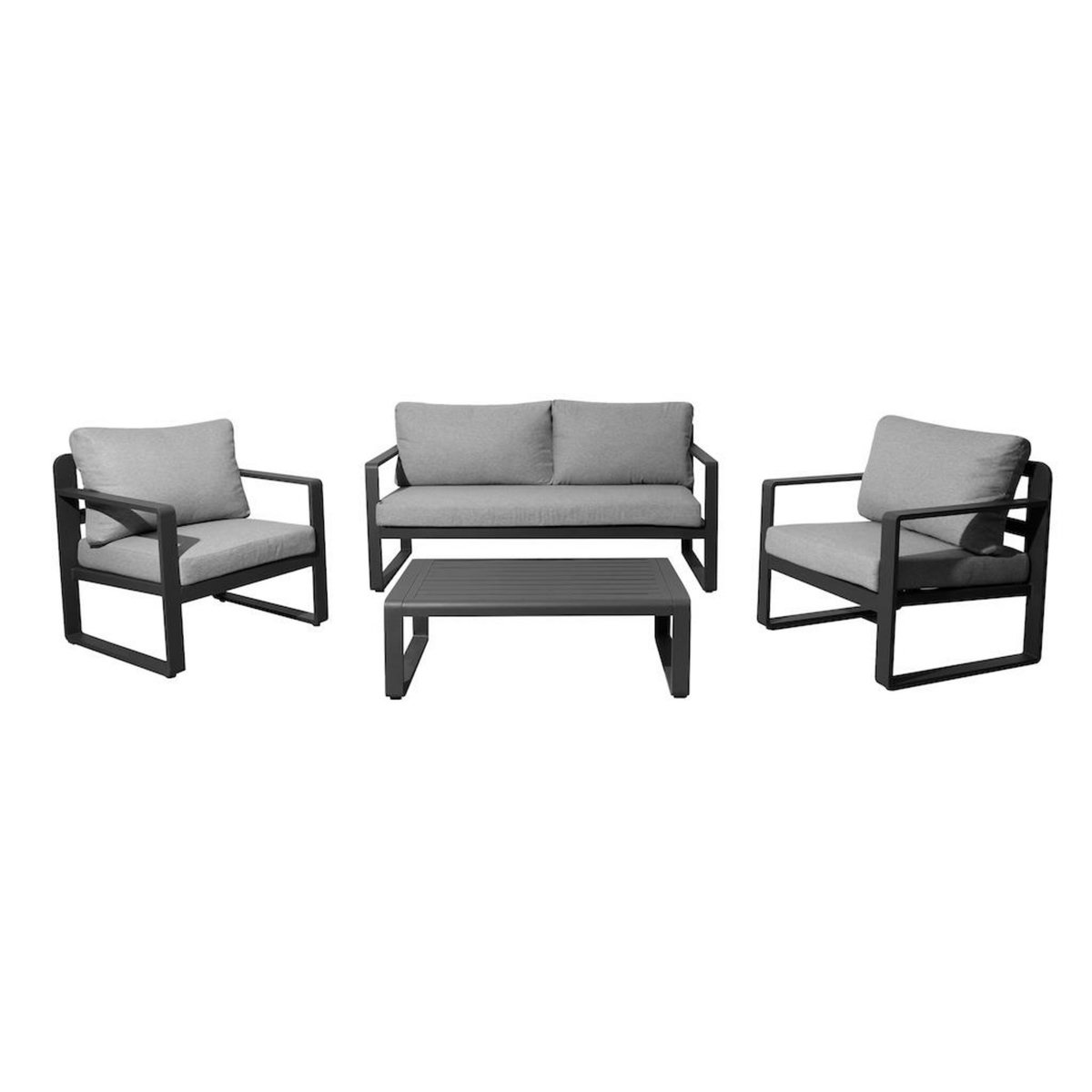 Proloisirs Set 4 pièces - MOJITO II - Aluminium époxy - Graphite/Gris - 2 fauteuils + 1 canapé + 1 table basse