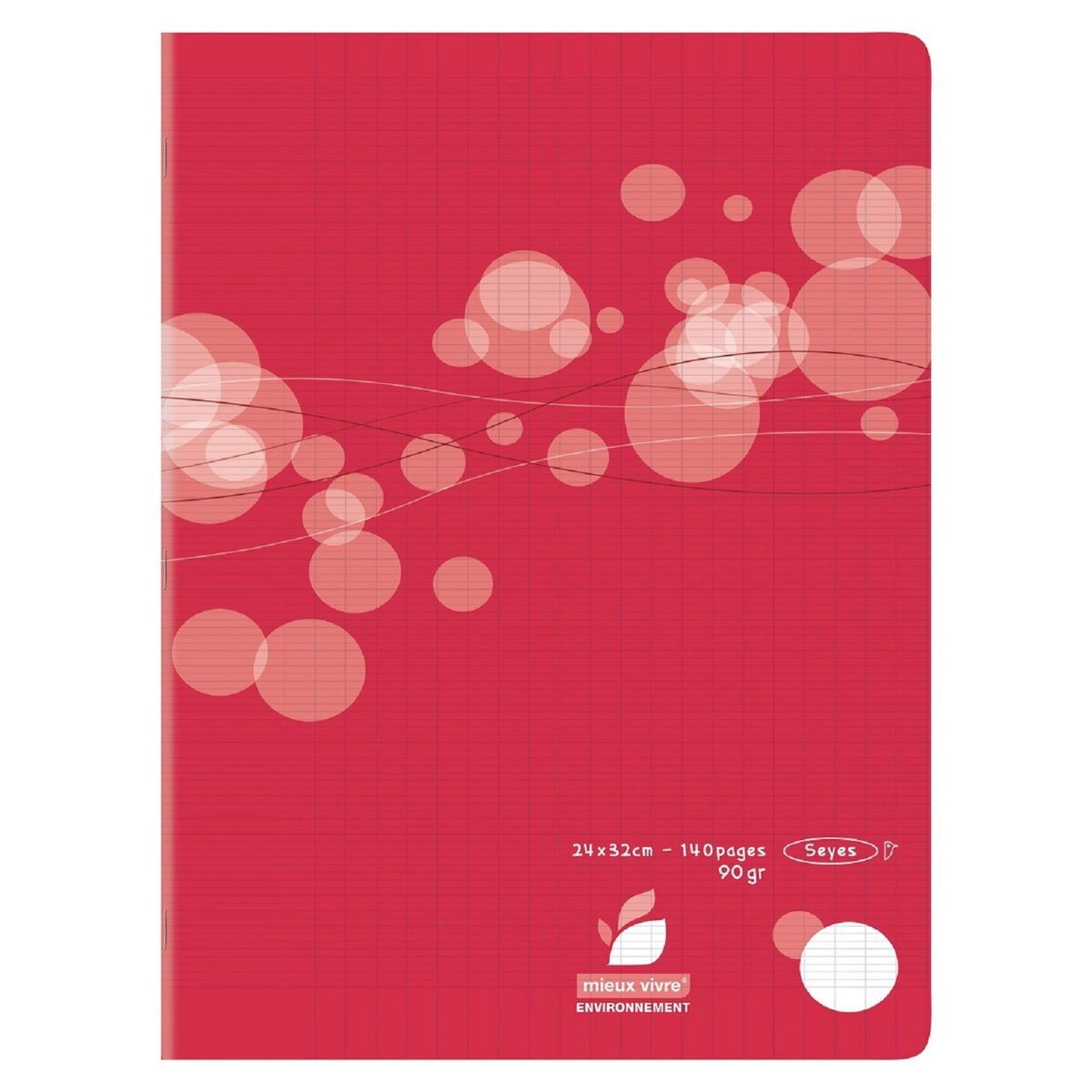 AUCHAN Cahier piqué polypro 24x32cm 140 pages grands carreaux Seyes rouge motif ronds