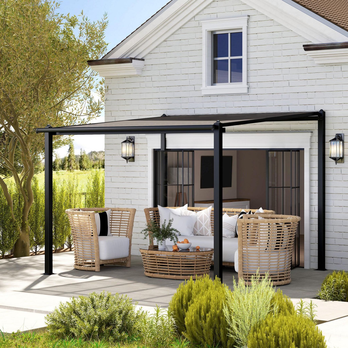 OUTSUNNY Pergola adossée en aluminium 3 x 3 m - goutières - anthracite toit polycarbonate fumé