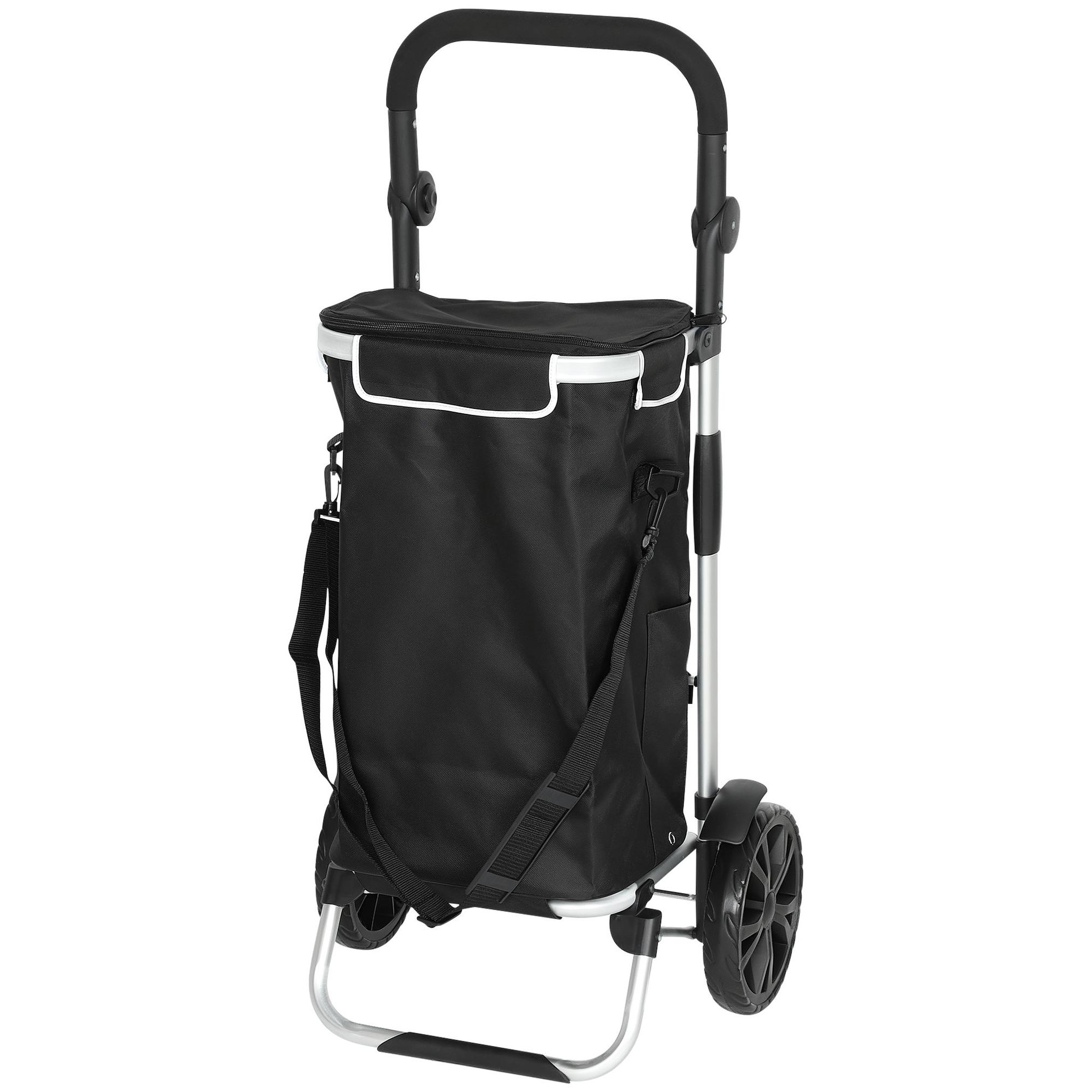 HOMCOM Chariot de courses pliable 3 en 1 sac à bandoulière 40l chariot transport poignée réglable compartiment isotherme alu noir