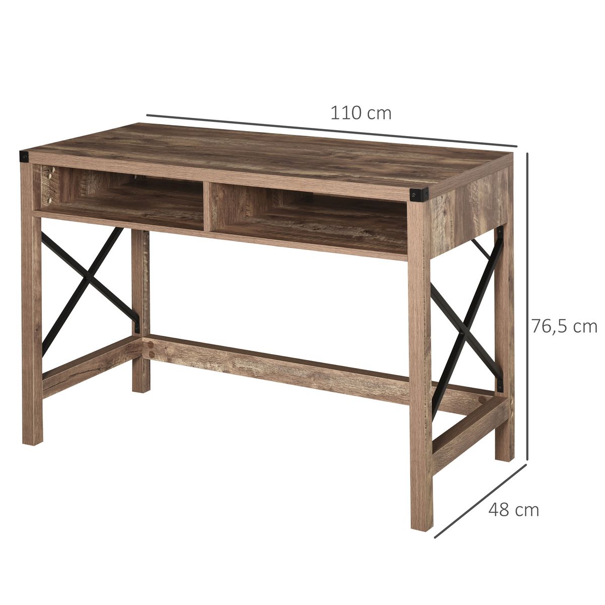 HOMCOM Bureau design industriel grand plateau 2 niches métal noir panneaux particules imitation bois veinage marron