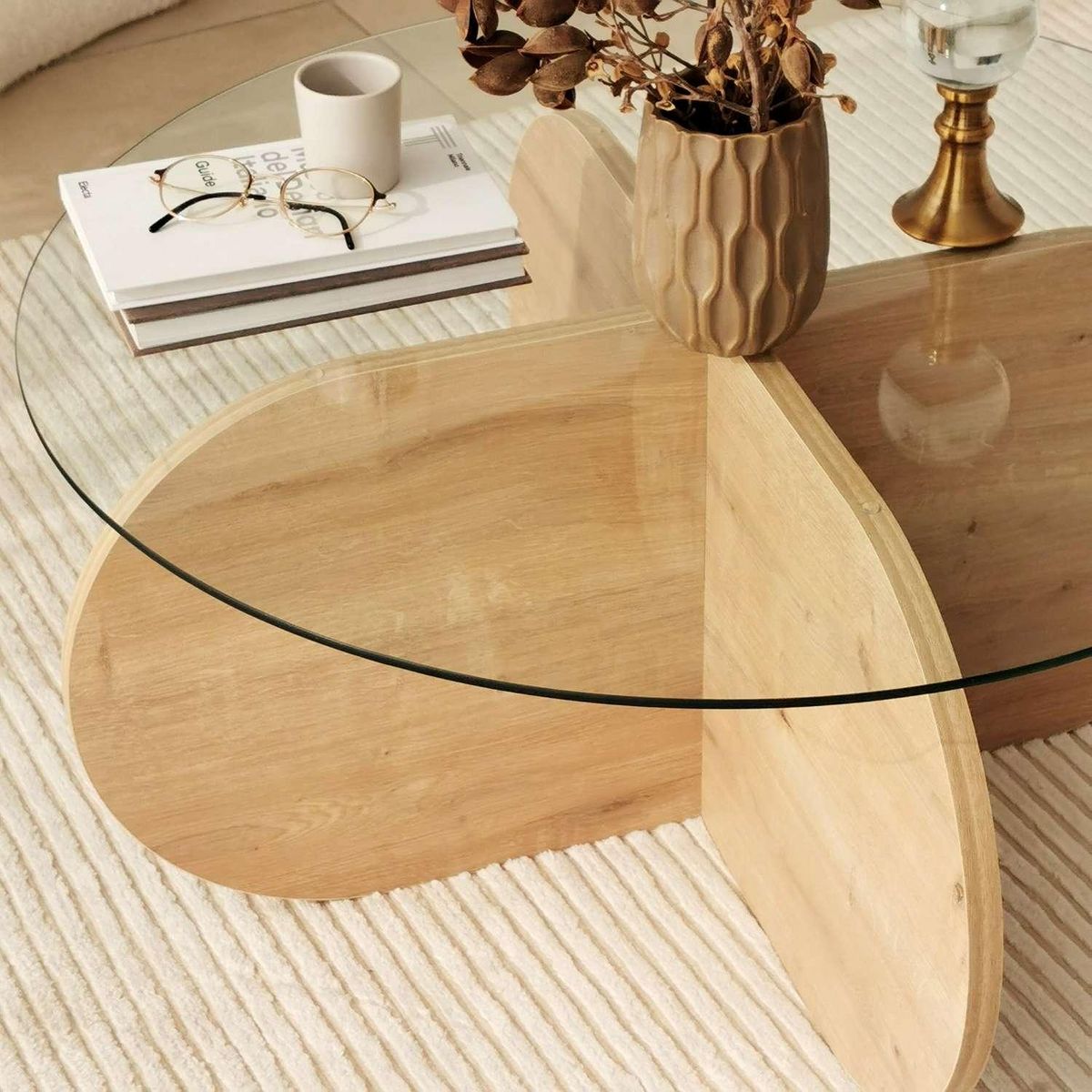 TOILINUX Table basse ronde Luminix en verre et bois - Beige