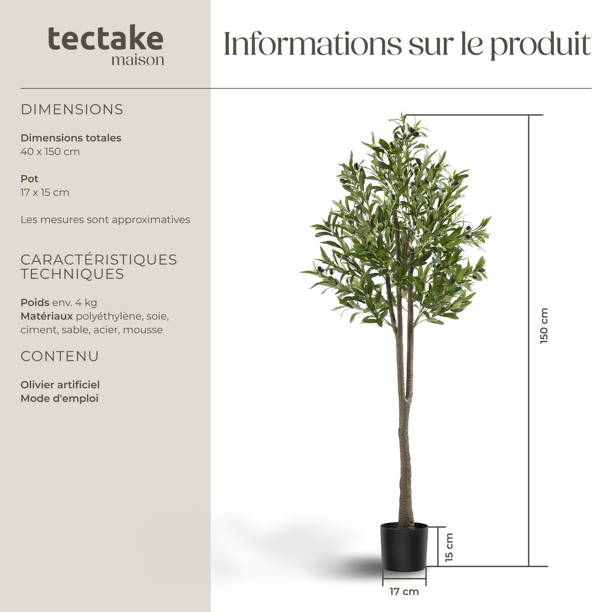 tectake Olivier artificiel design très réaliste vert