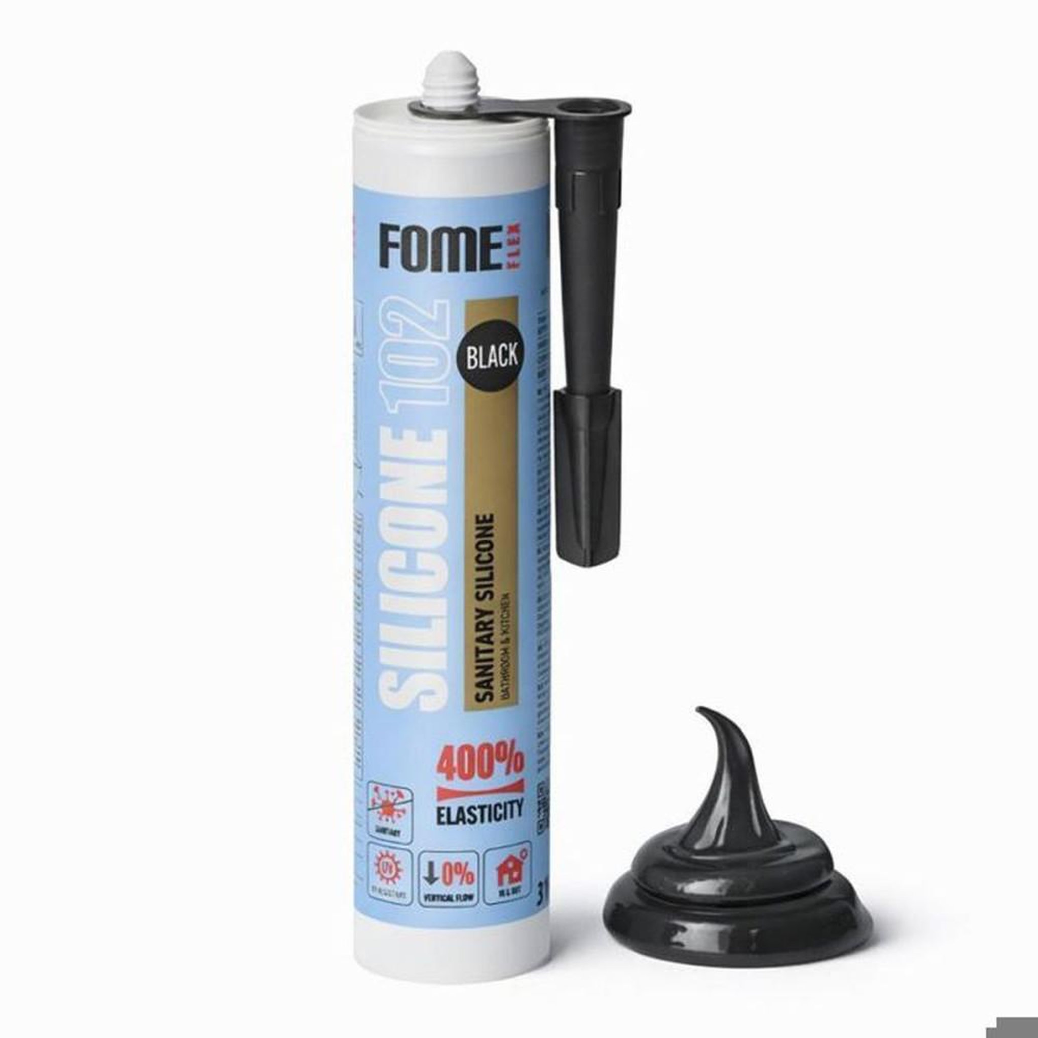 Mastic silicone sanitaire acétique noir anti-moisissure FOME FLEX 102, étanchéité pour salles de bains, cuisines, lavabos et douches, 300 mL