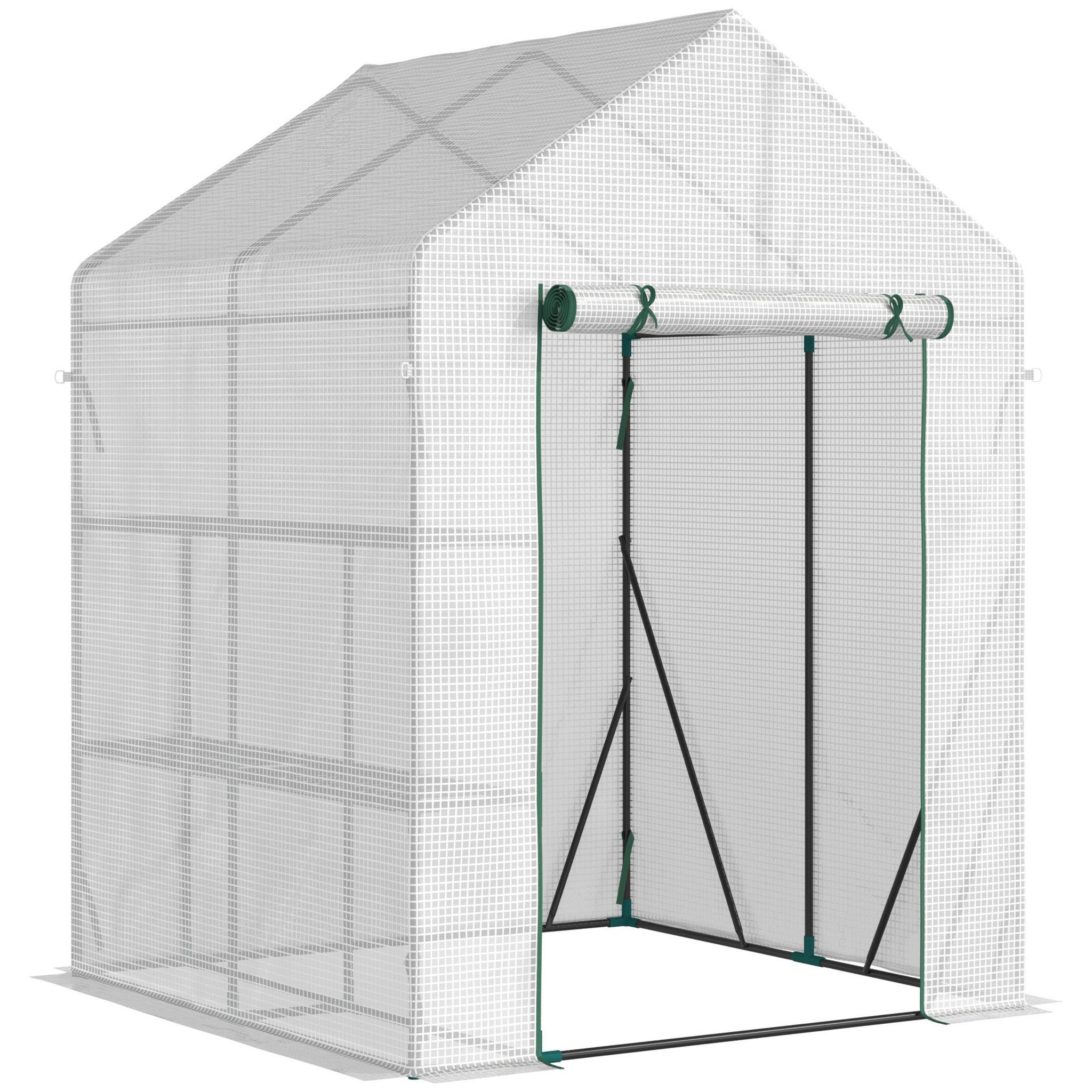 OUTSUNNY Serre de jardin 2 tablettes dim. 1,43l x 1,43l x 1,95h m porte déroulante acier pe haute densité 140 g/m² transparent blanc