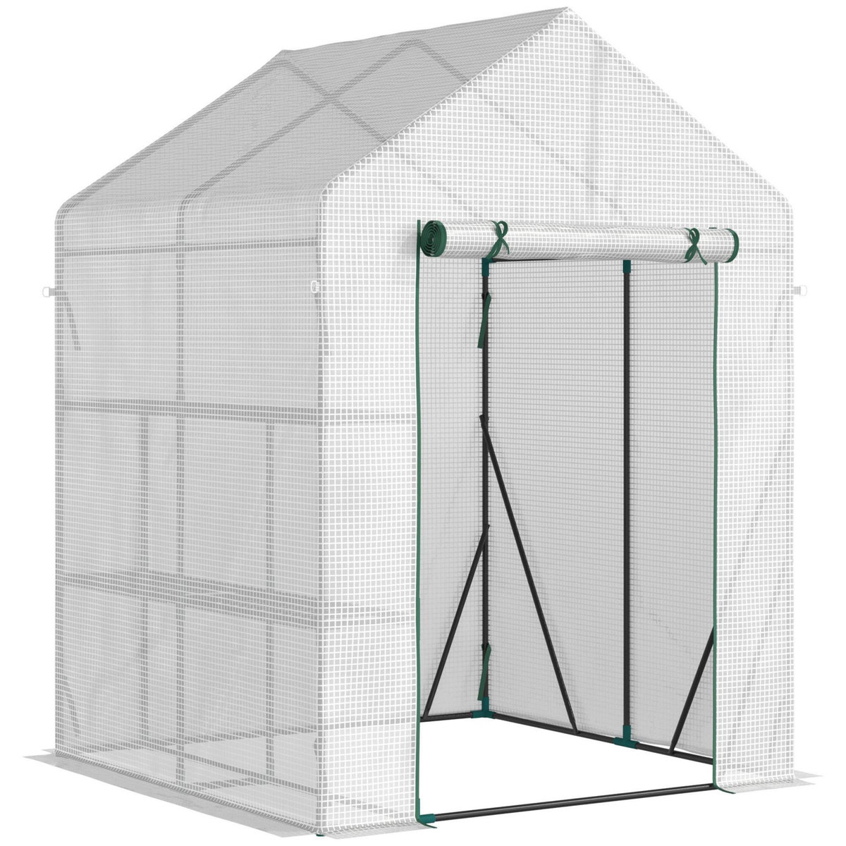 OUTSUNNY Serre de jardin 2 tablettes dim. 1,43L x 1,43l x 1,95H m porte déroulante acier PE haute densité 140 g/m² transparent blanc