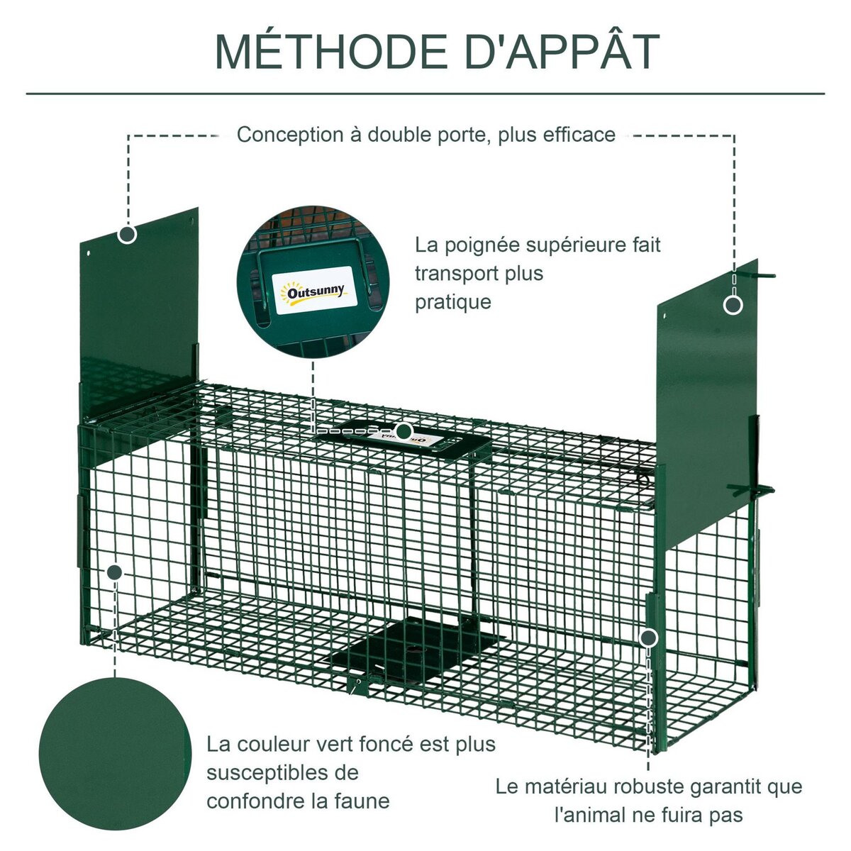 OUTSUNNY Piège de capture pour petits animaux type lapin rat - 2 entrées + poignée - dim. 80L x 25l x 30H cm - métal vert