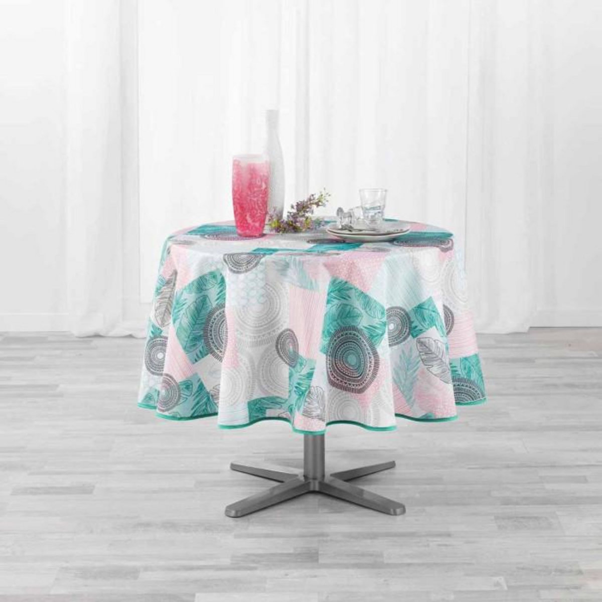 Paris Prix Nappe Antitache Ronde  Peachy  180cm Bleu & Rose