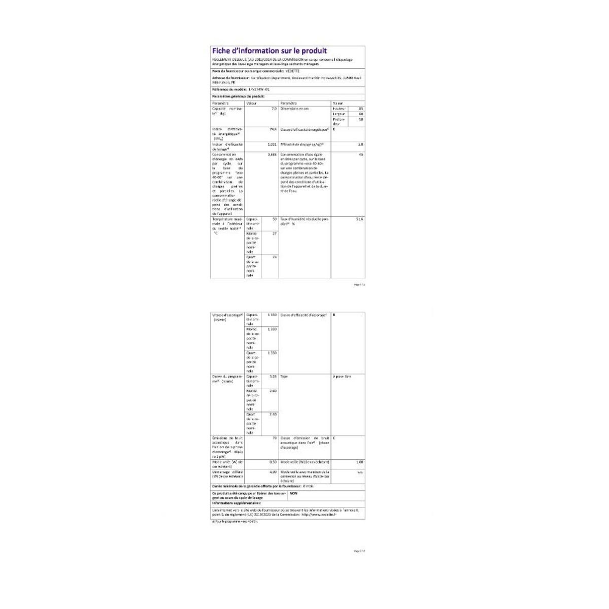 Vedette Lave-linge hublot 7kg 1400 tours/min - LFV274W