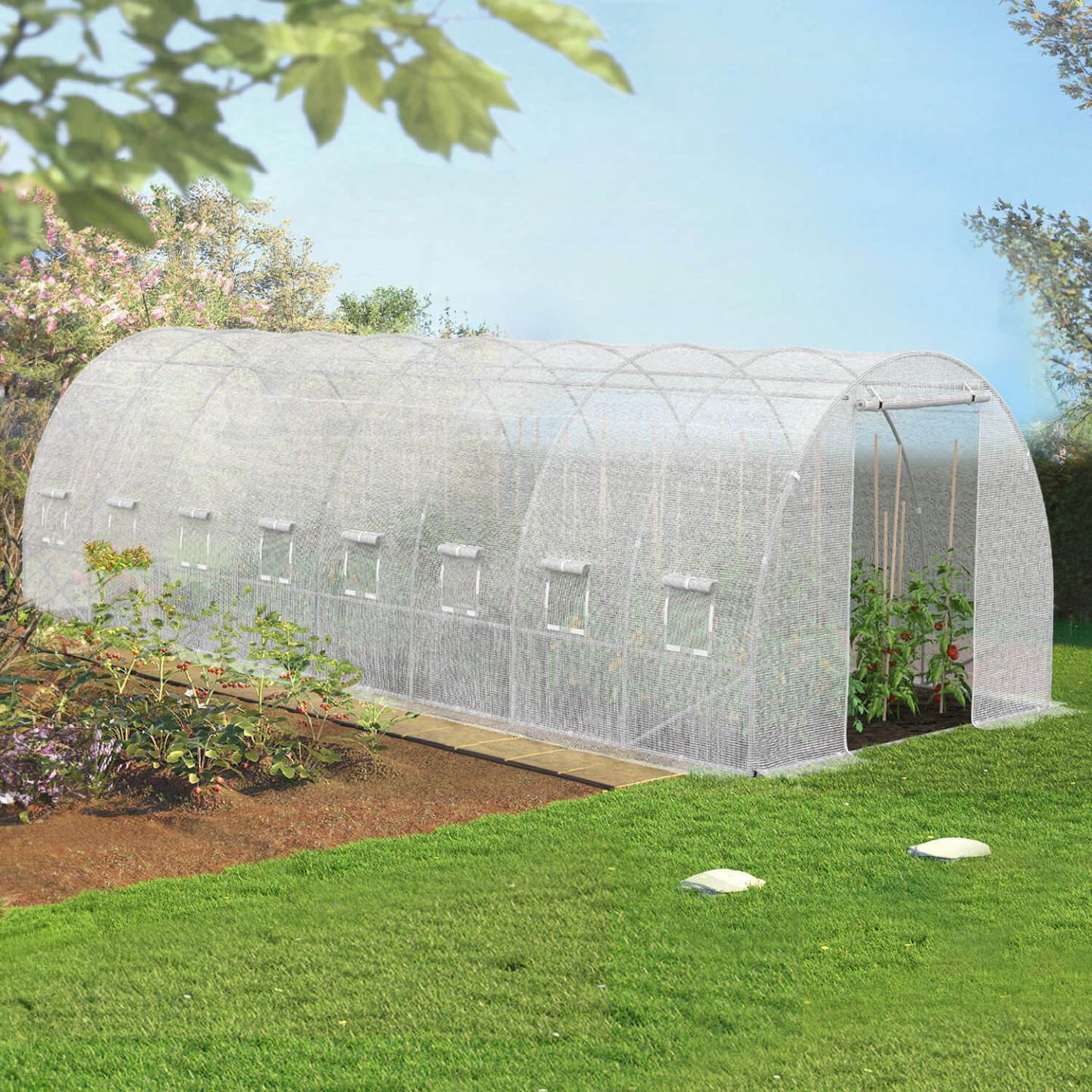 ID MARKET Bâche de rechange pour serre de jardin tunnel 24m² 8 x 3 x 2 m anti-uv avec porte et fenêtres des andes blanche