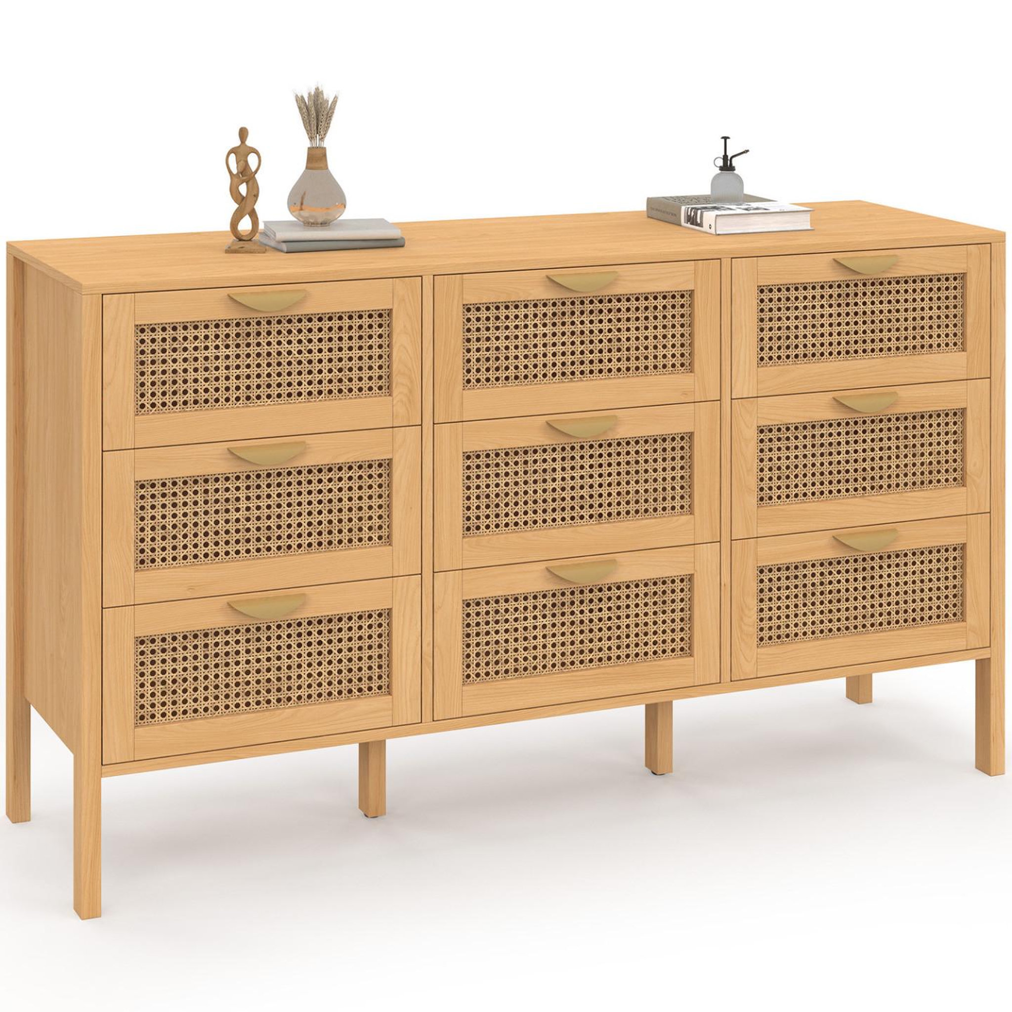 ID MARKET Commode 9 tiroirs edhen xxl 136 cm bois et cannage