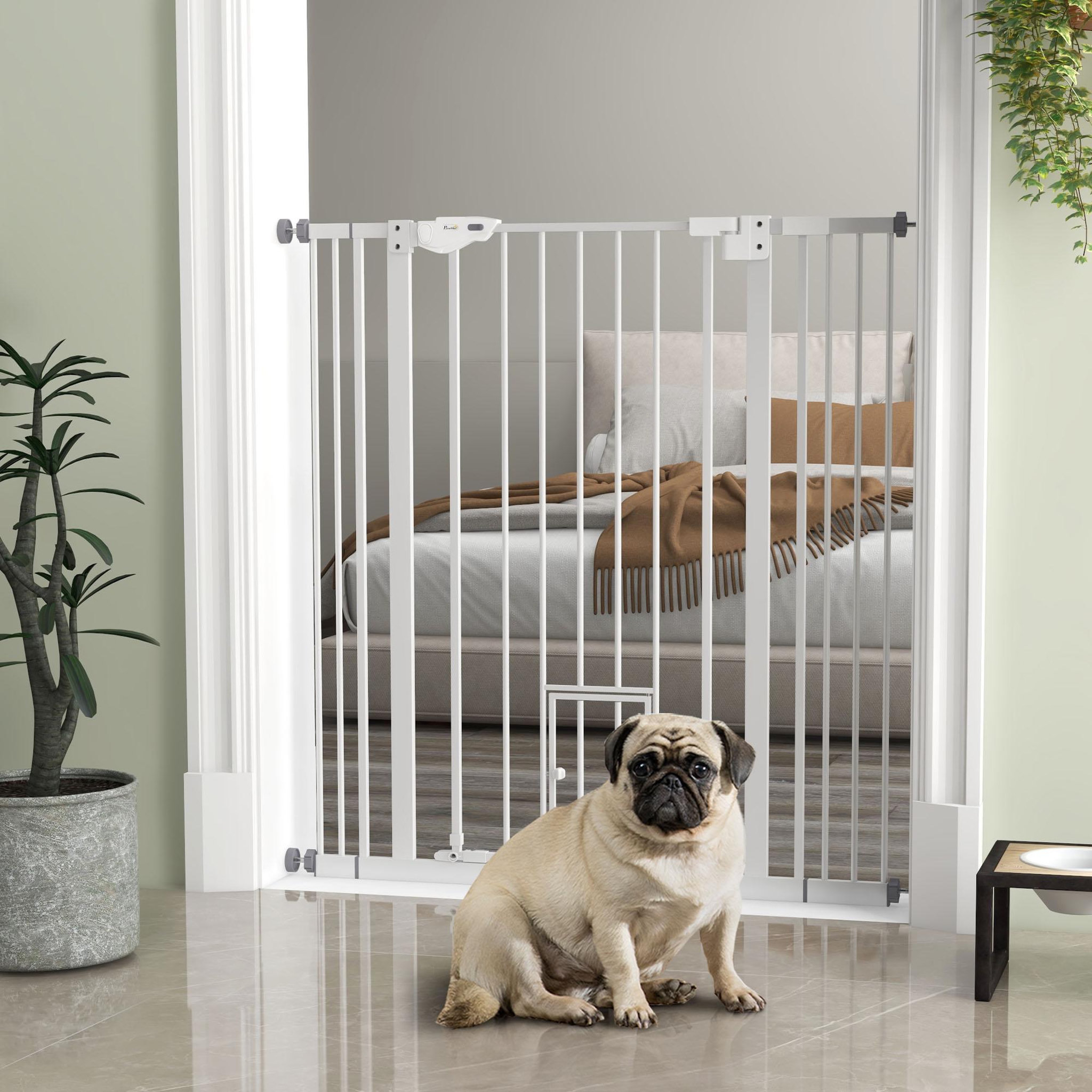 Voir la diapositive 2 : PAWHUT Barrière de sécurité chien h.104 cm - porte double verrouillage - sans perçage - acier blanc