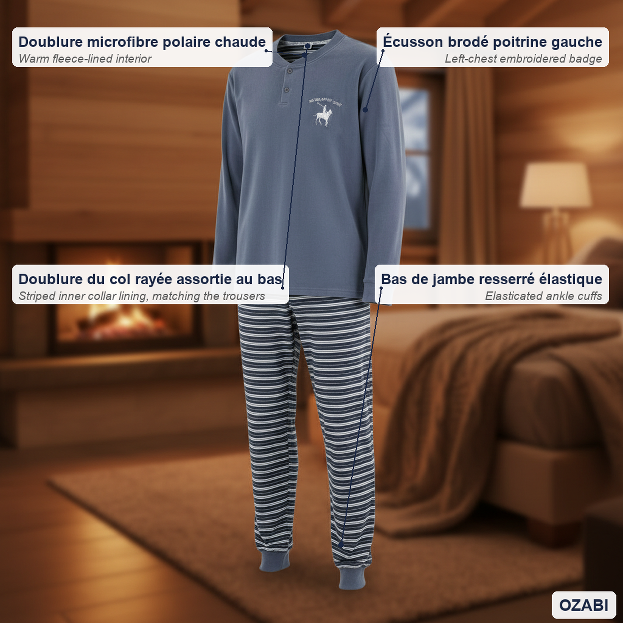 Voir la diapositive 5 : OZABI Ozabi pyjama homme doublé polaire écusson brodé