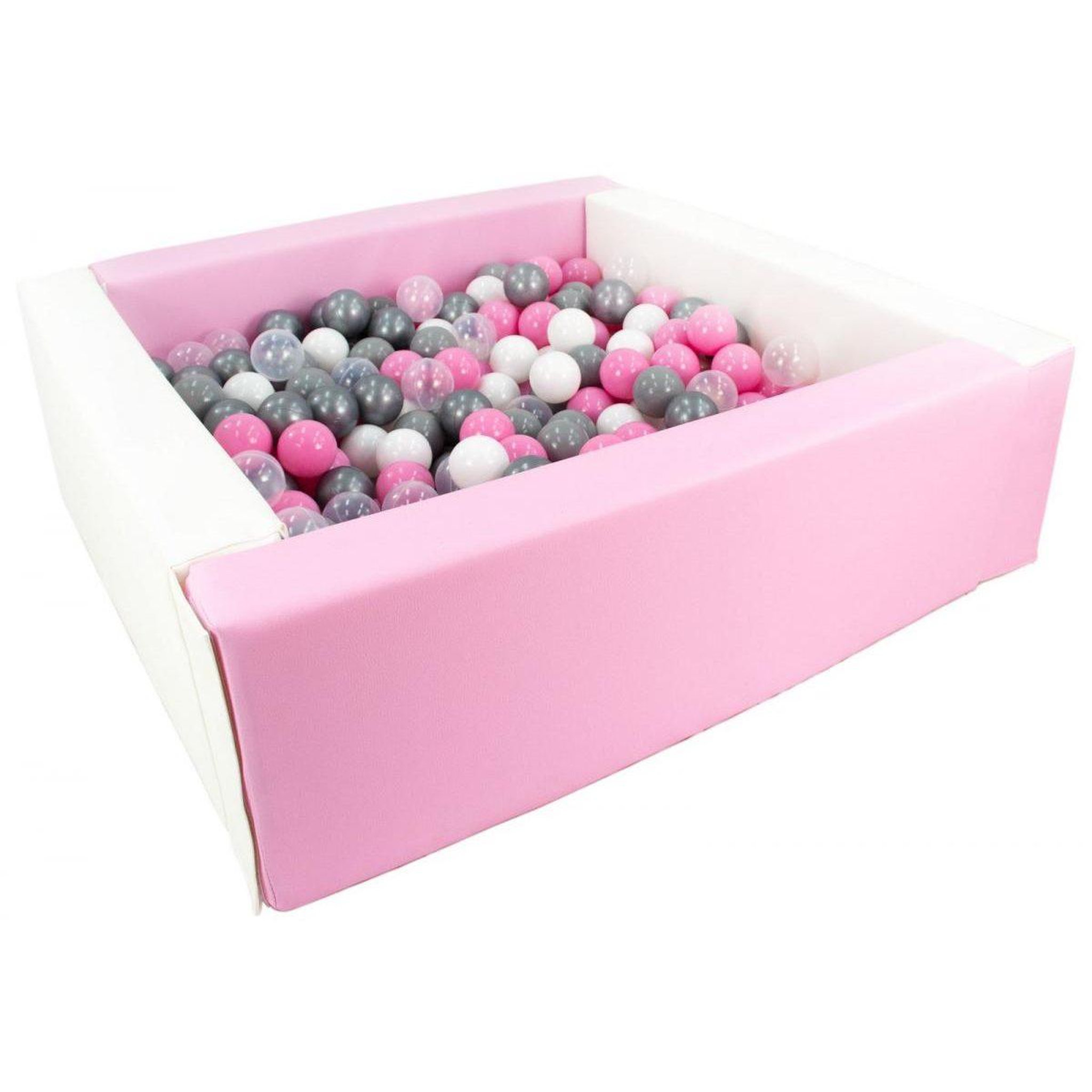 VELINDA Piscine à balles carrée avec 300 balles - blanc, rose p/blanc, transparent, rose clair, gris, argent