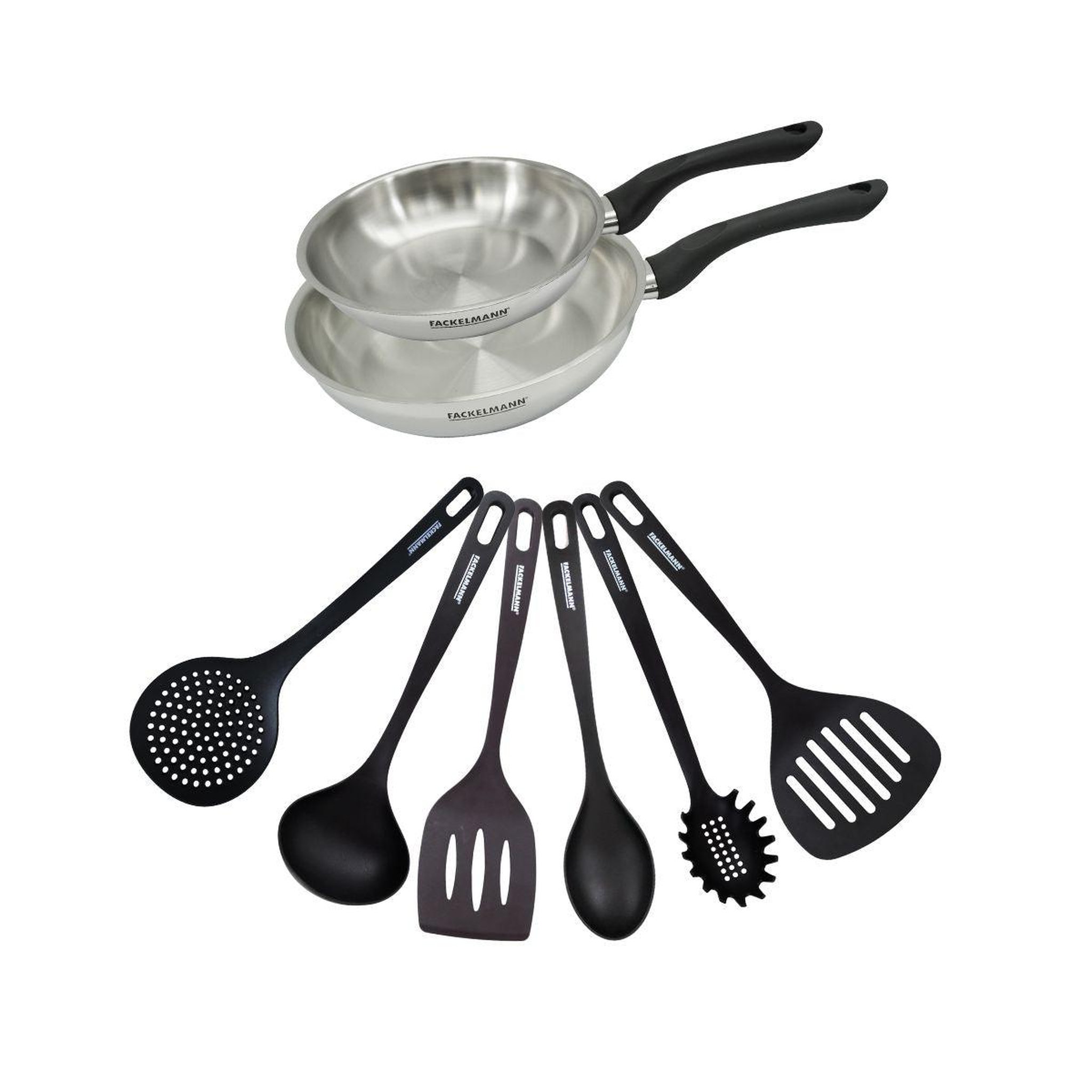Fackelmann Set 2 poêles 20 et 24 cm en inox et 6 ustensiles fackelmann geneva