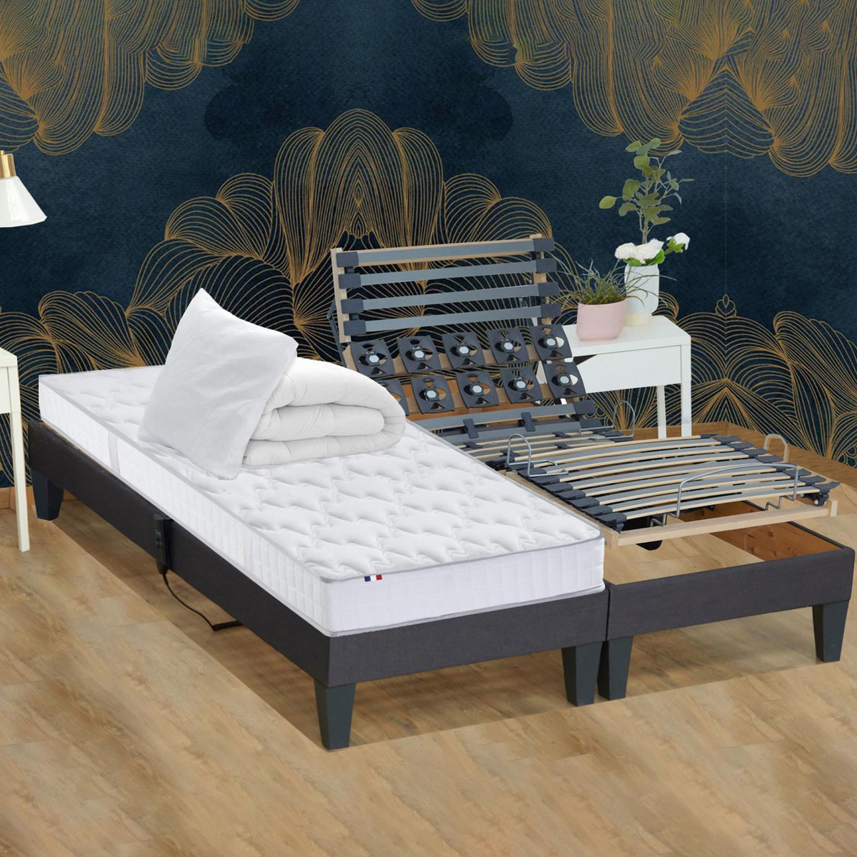 IDLITERIE Ensemble relaxation 100% latex 5 zones 85kg/m3 +couette + oreillers + sommier - FABRICATION FRANCE