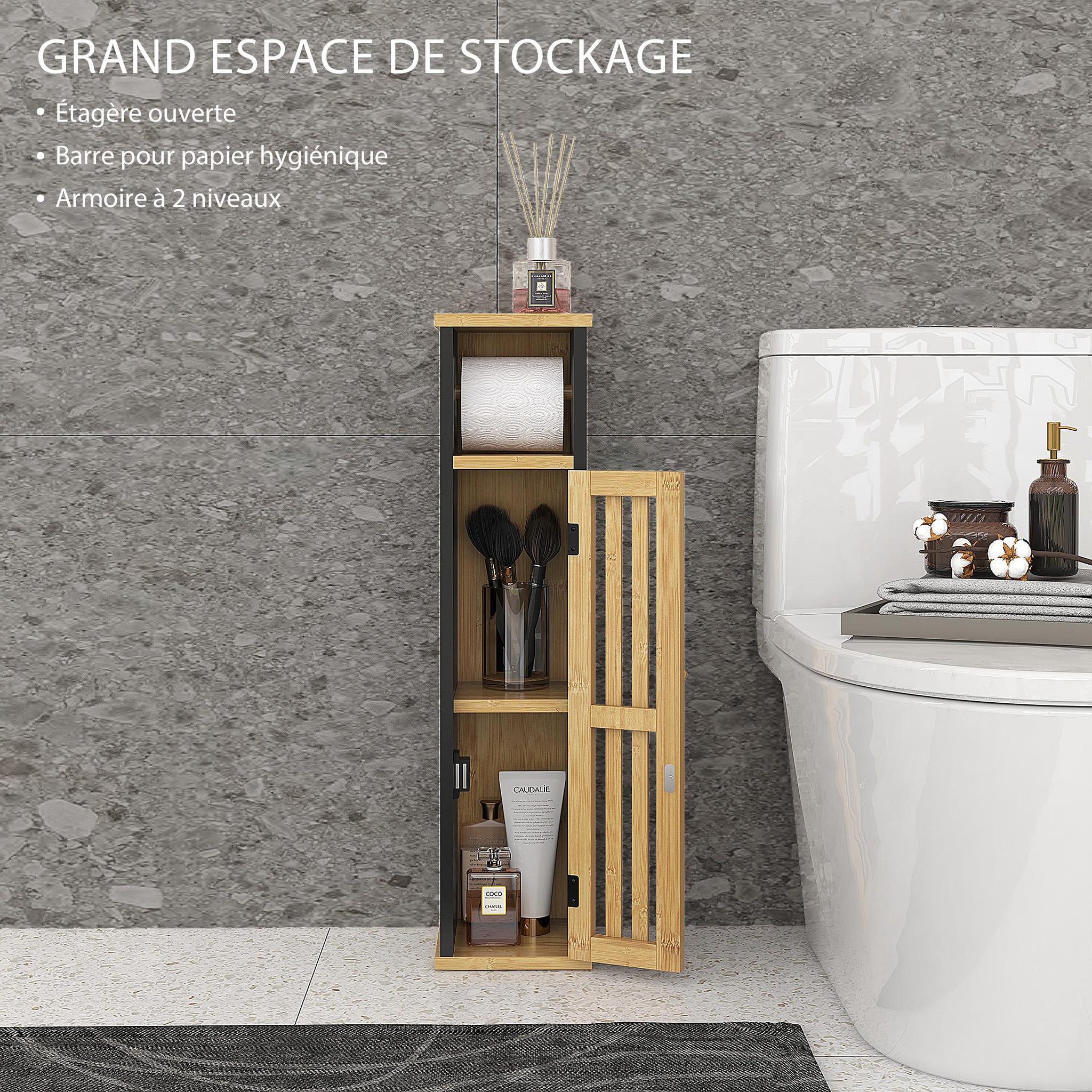 Voir la diapositive 4 : HOMCOM Meuble wc avec support papier toilette - porte, étagère - mdf noir bambou verni