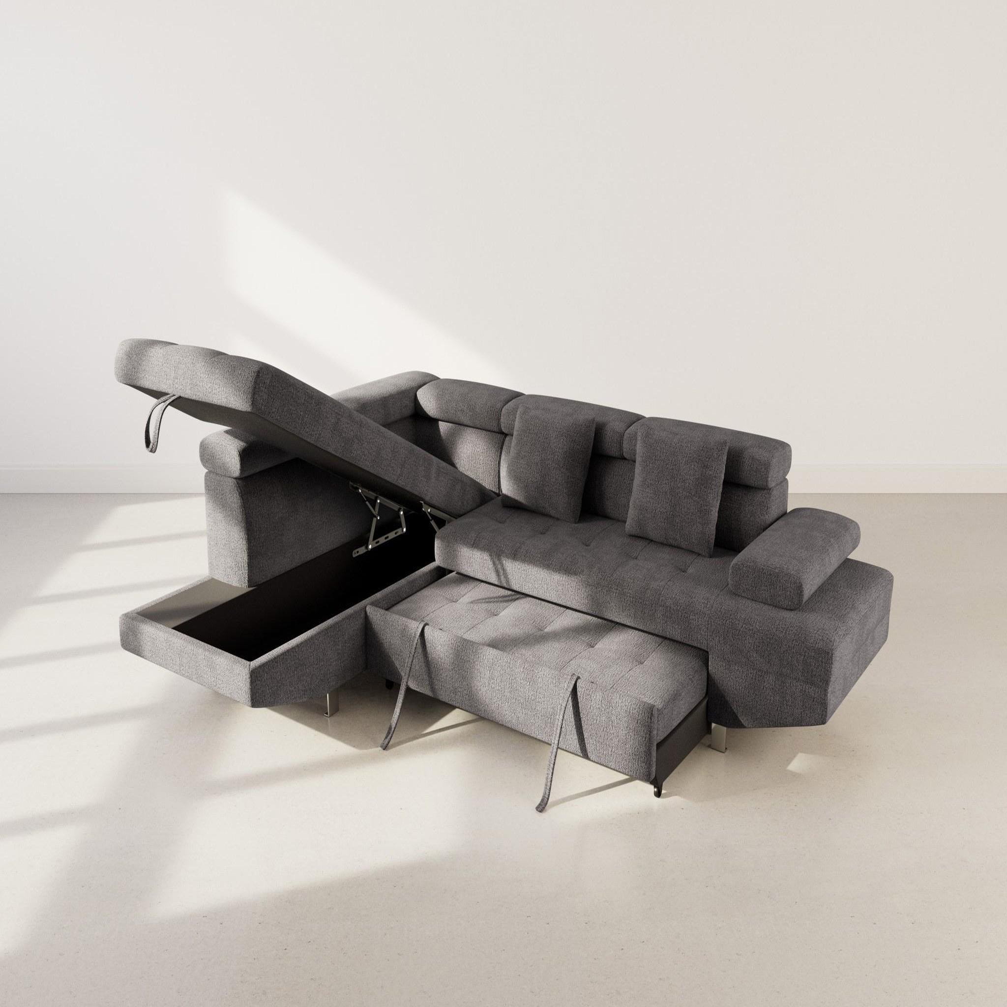 Voir la diapositive 3 : BEST MOBILIER Margaux - canapé d'angle gauche 5 places convertible avec coffre et têtières réglables en velours texturé