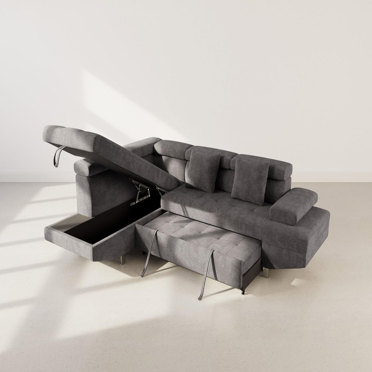 BEST MOBILIER Margaux - canapé d'angle gauche 5 places convertible avec coffre et têtières réglables en velours texturé