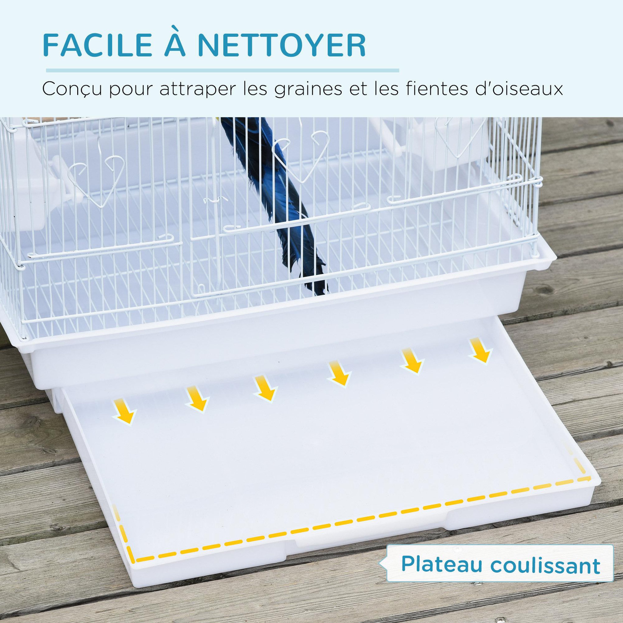 Voir la diapositive 5 : PAWHUT Cage à oiseaux volière avec mangeoires perchoirs plateau amovible 2 portes dim. 46,5L x 35,5l x 92H cm métal blanc