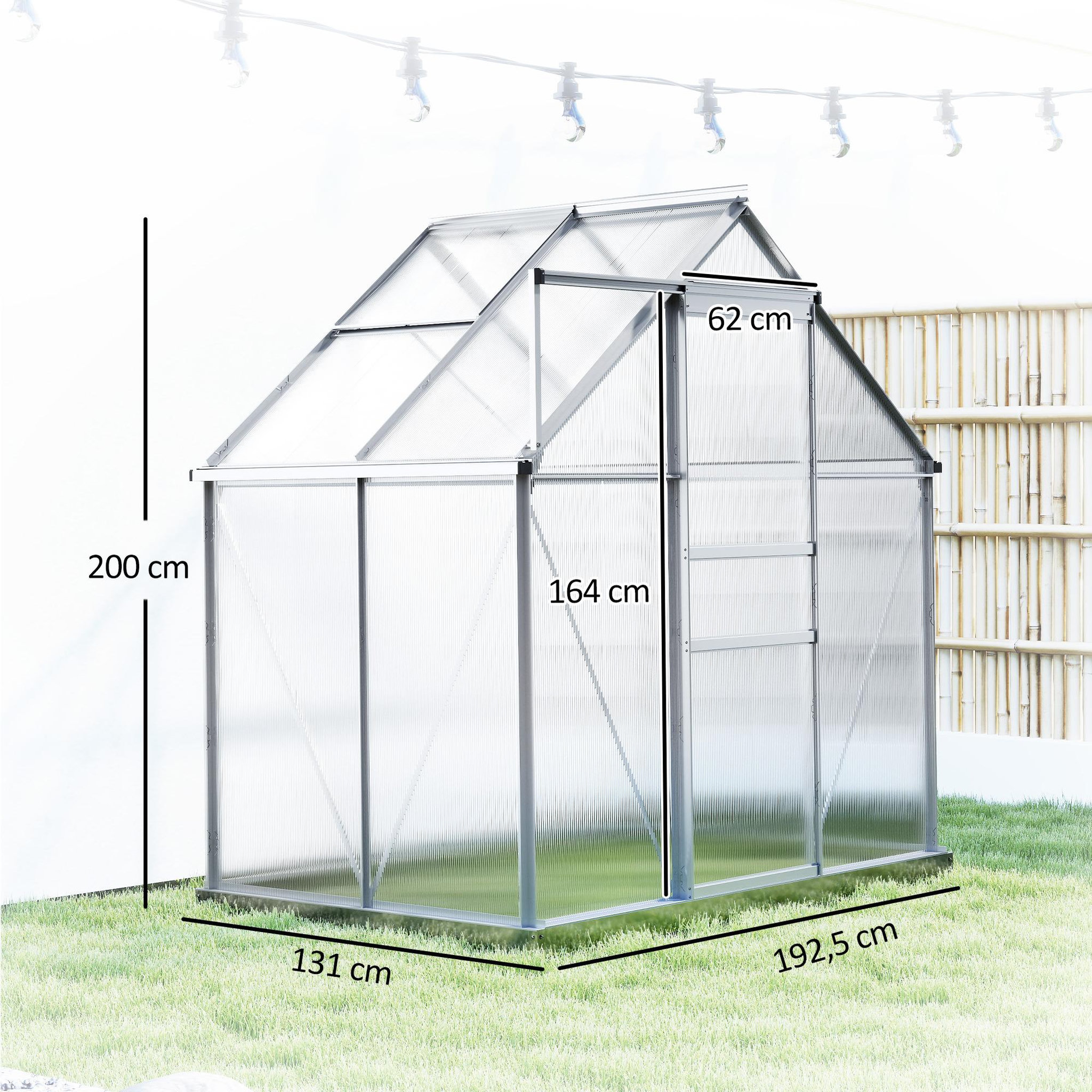 Voir la diapositive 3 : OUTSUNNY Serre de jardin aluminium polycarbonate 2,5 m² dim. 1,92L x 1,31l x 2H m lucarne réglable fondation porte coulissante