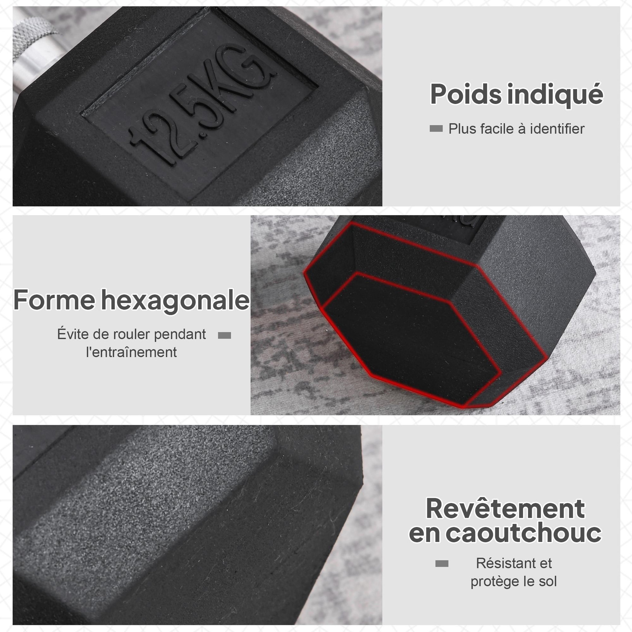 Voir la diapositive 5 : HOMCOM Haltère hexagonal 12,5 kg - hexagon dumbbell musculation fitness - fonte caoutchouté
