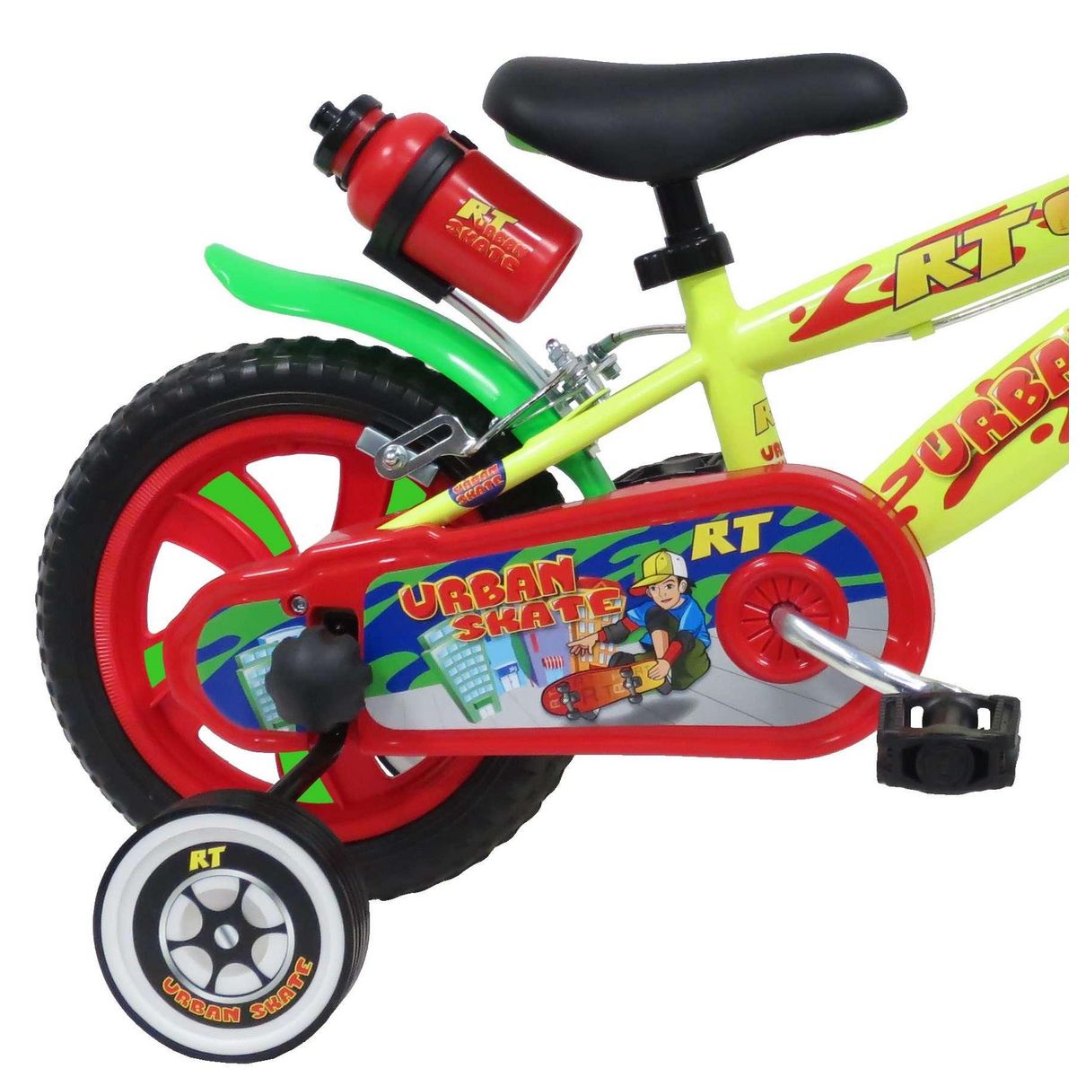 Vélo enfant - Modèle 12'' Urban Skate pour enfant de 85 à 100 cm - Stabilisateurs - Plaque décorative avant - Bidon arrière - 2 freins