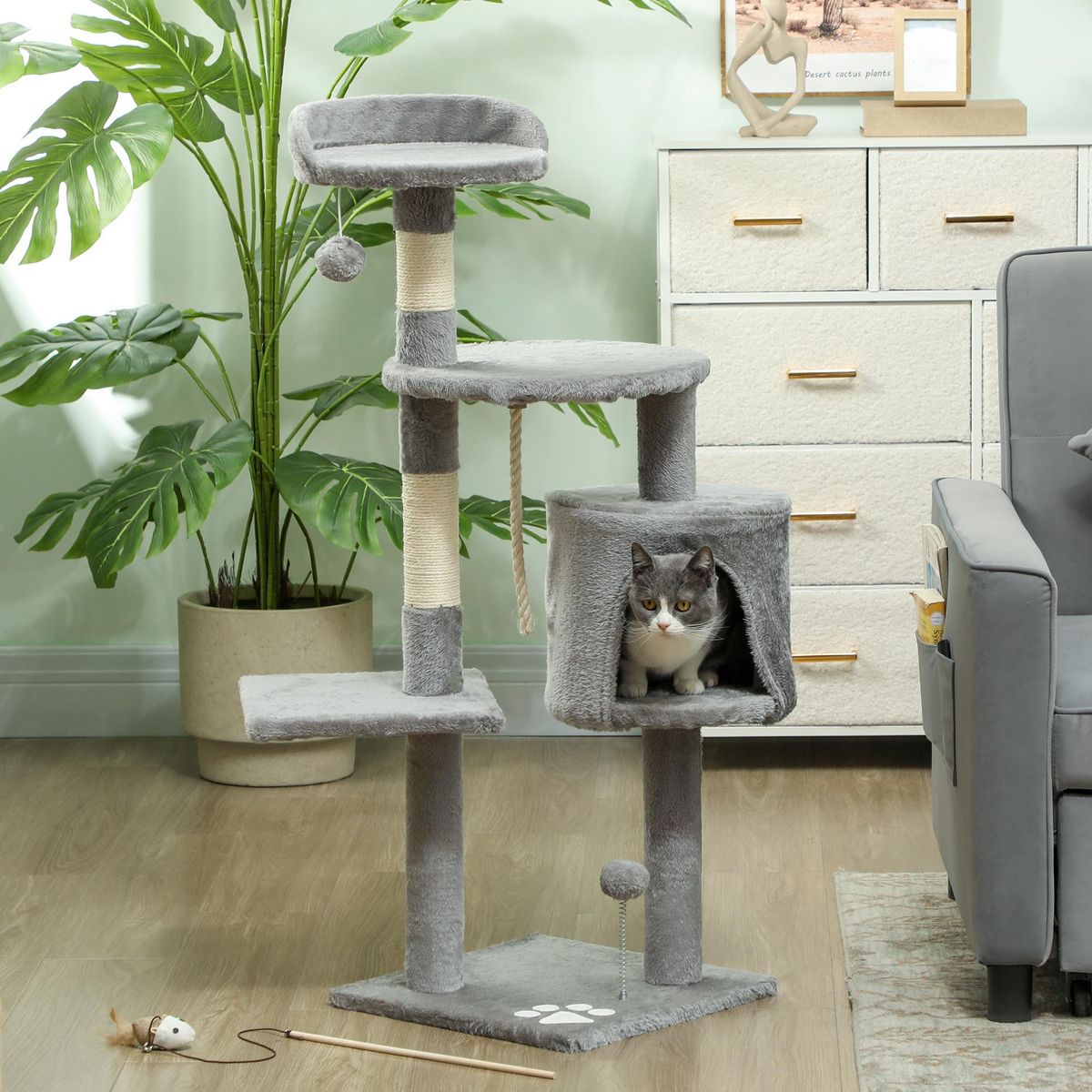 PAWHUT Arbre à chats multi-équipements griffoirs grattoirs plateformes niche corde jouets 40L x 40l x 114H cm gris