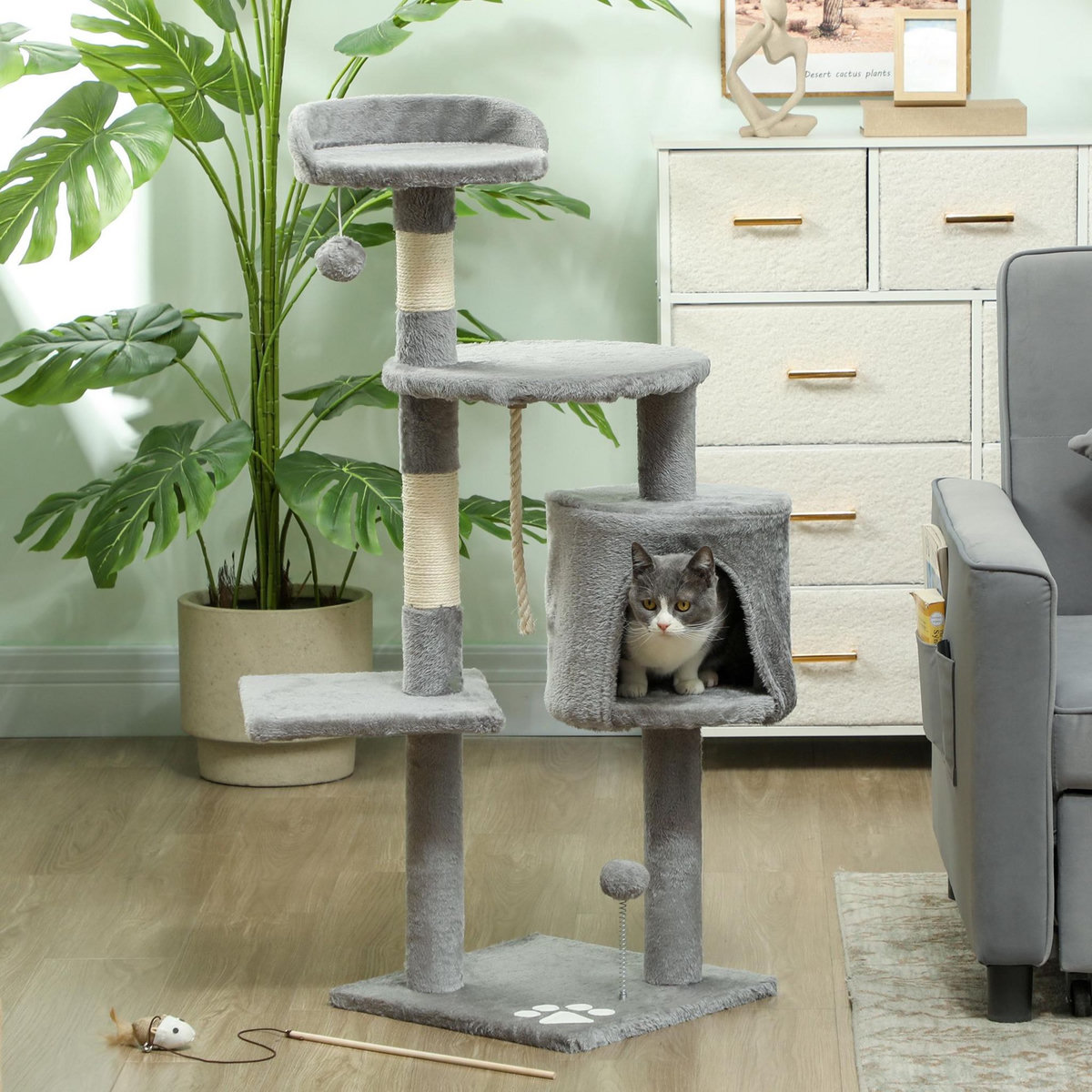 PAWHUT Arbre à chats multi-équipements griffoirs grattoirs plateformes niche corde jouets 40L x 40l x 114H cm gris