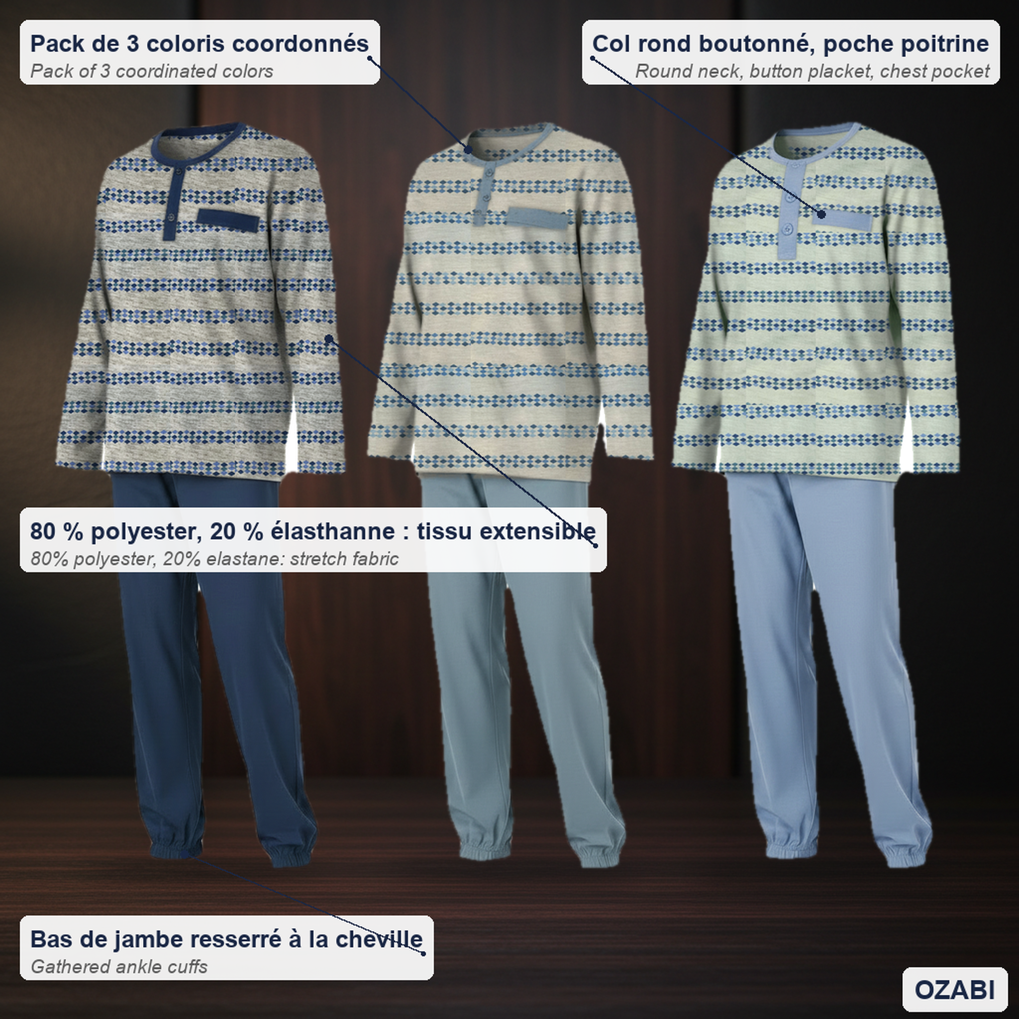 Voir la diapositive 5 : OZABI OZABI Ensemble Pyjama Homme Long Pack de 3, Haut Imprimé Col Boutonné
