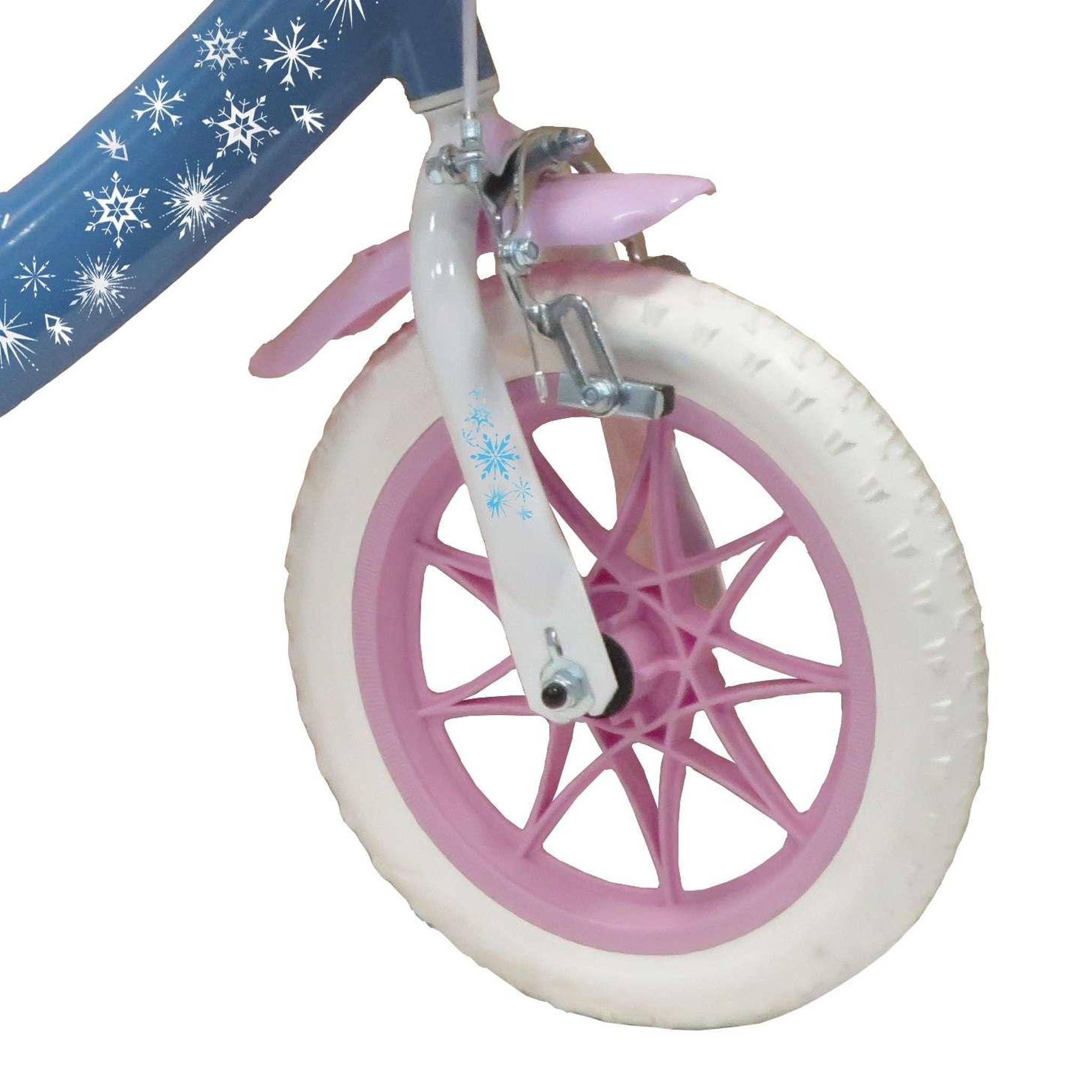 Voir la diapositive 4 : Disney La Reine des Neiges Vélo enfnat - Modèle 12'' Reine des neiges pour enfant de 85/100 cm avec stabilisateurs - 1 Frein - Panier avant - Porte poupée arrière et roues batons