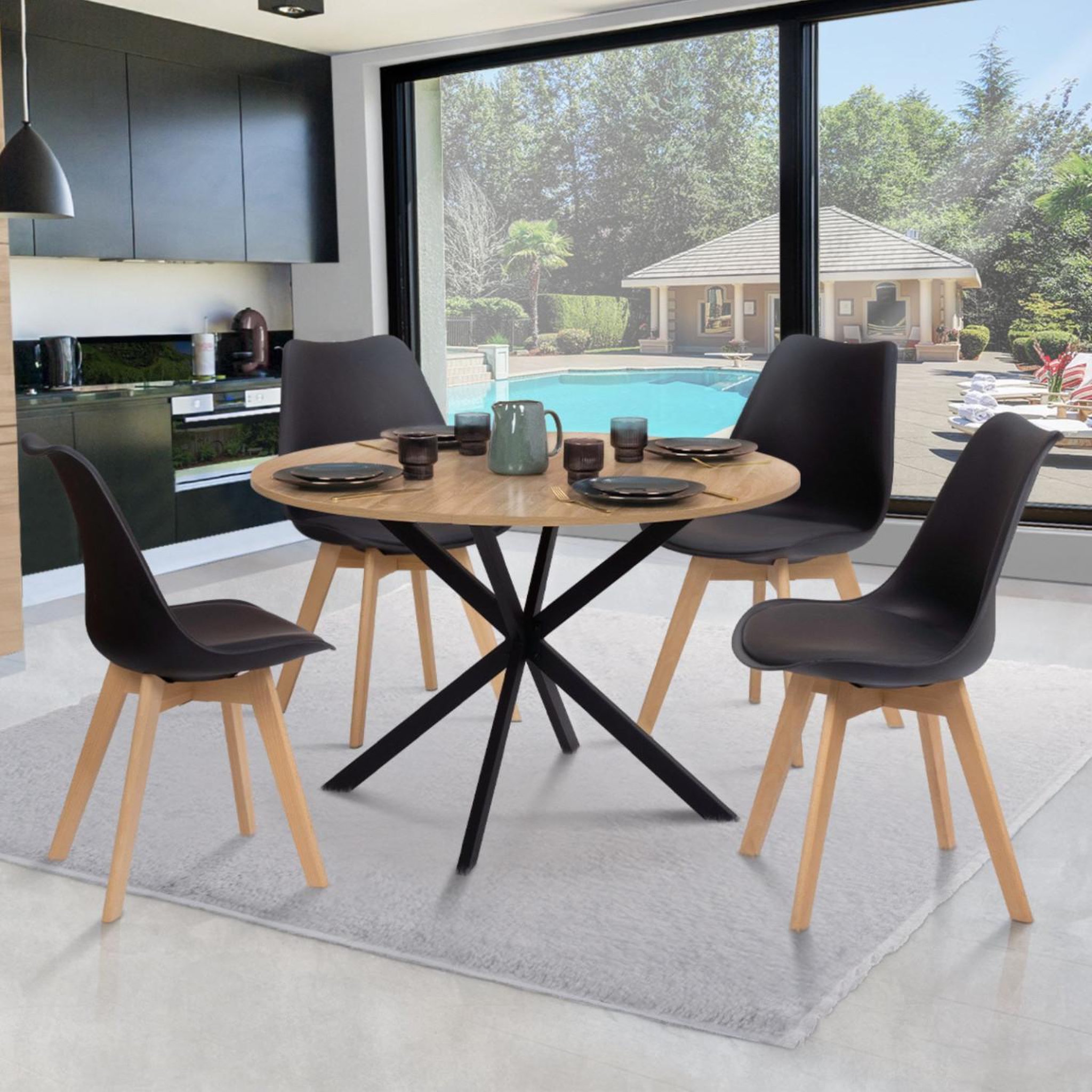 Voir la diapositive 2 : ID MARKET Ensemble table à manger ronde alix 110 cm bois et noir et 4 chaises sara noires