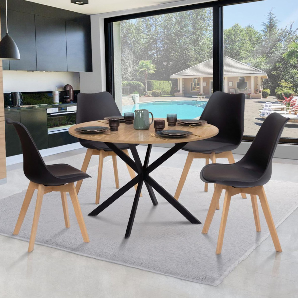 ID MARKET Ensemble table à manger ronde ALIX 110 cm bois et noir et 4 chaises SARA noires