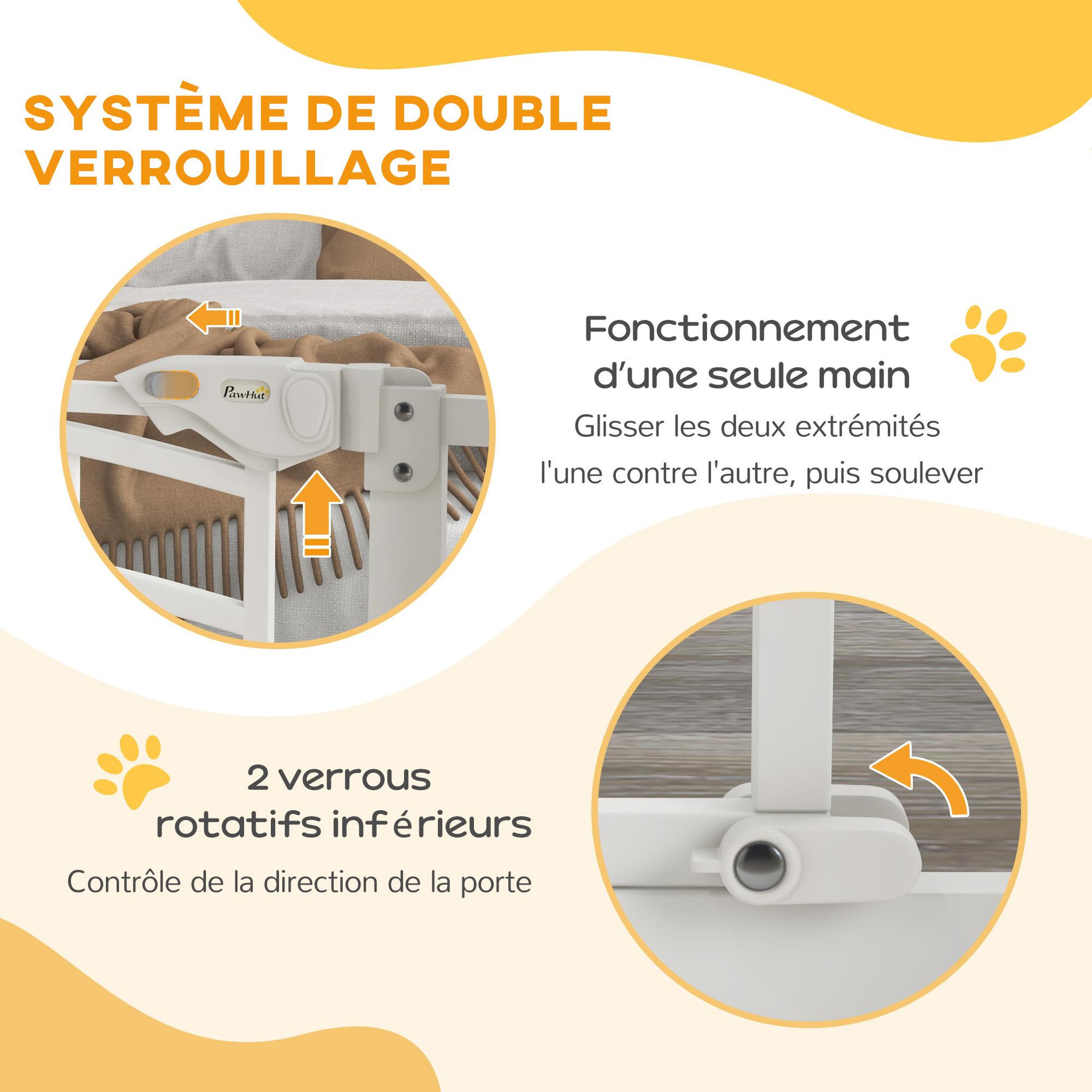 Voir la diapositive 4 : PAWHUT Barrière de sécurité pour chien - barrière à pression extensible - double système de verrouillage - acier blanc