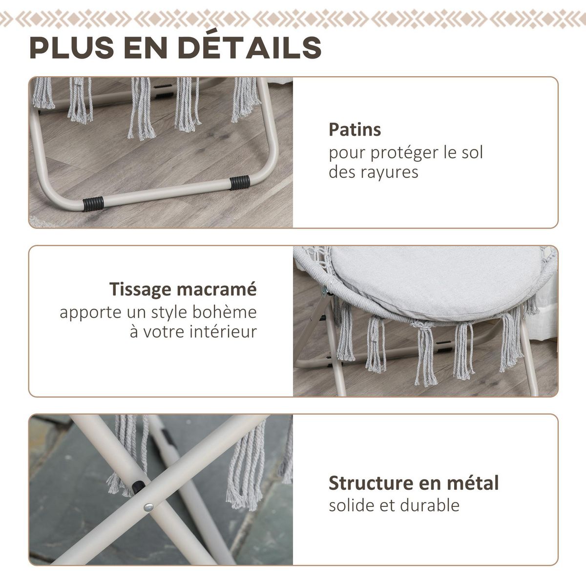 OUTSUNNY Loveuse fauteuil rond de jardin fauteuil lune papasan pliable grand confort macramé coton polyester gris
