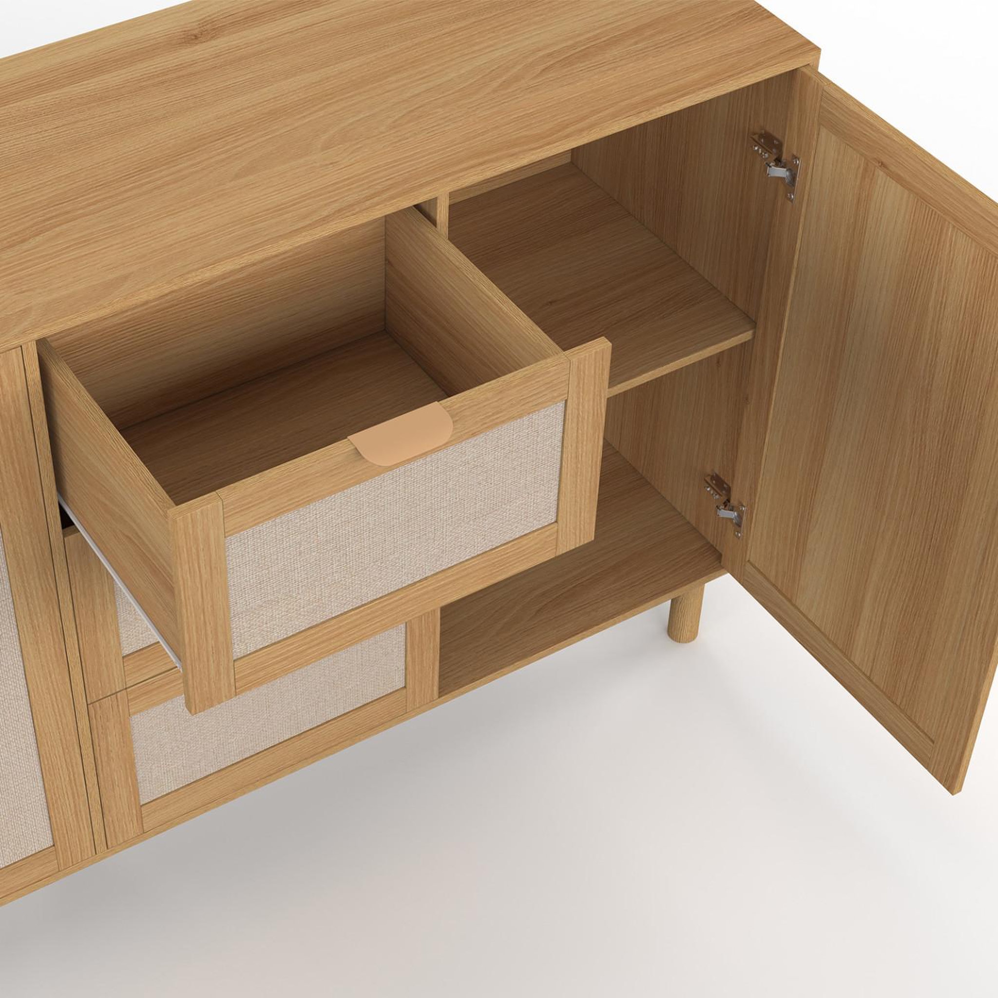 Voir la diapositive 6 : ID MARKET Buffet 160 cm ROBIN 4 portes avec 3 tiroirs meuble de rangement bois et tissu effet lin