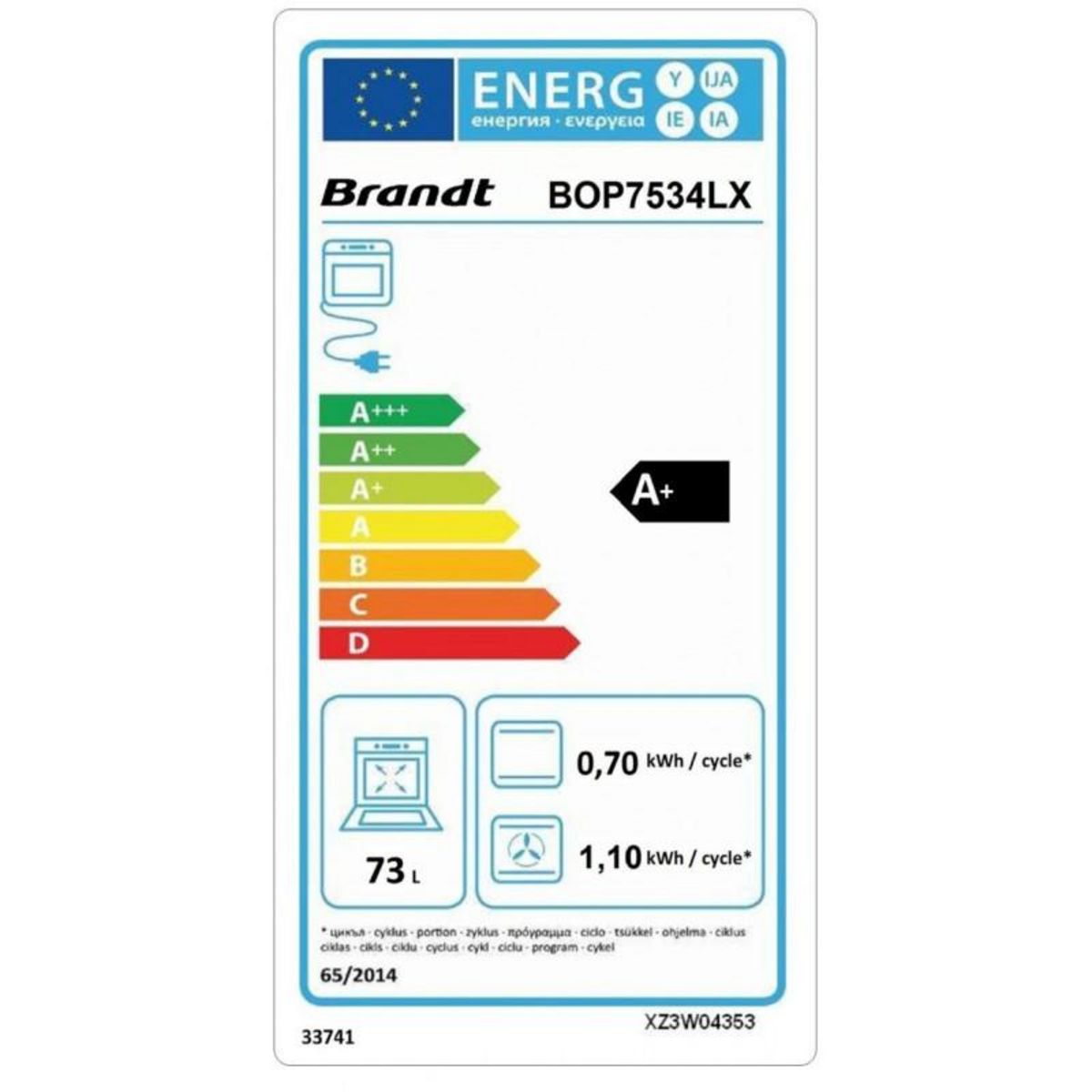 BRANDT Four intégrable combi vapeur 73l 60cm pyrolyse - BOP7534LX
