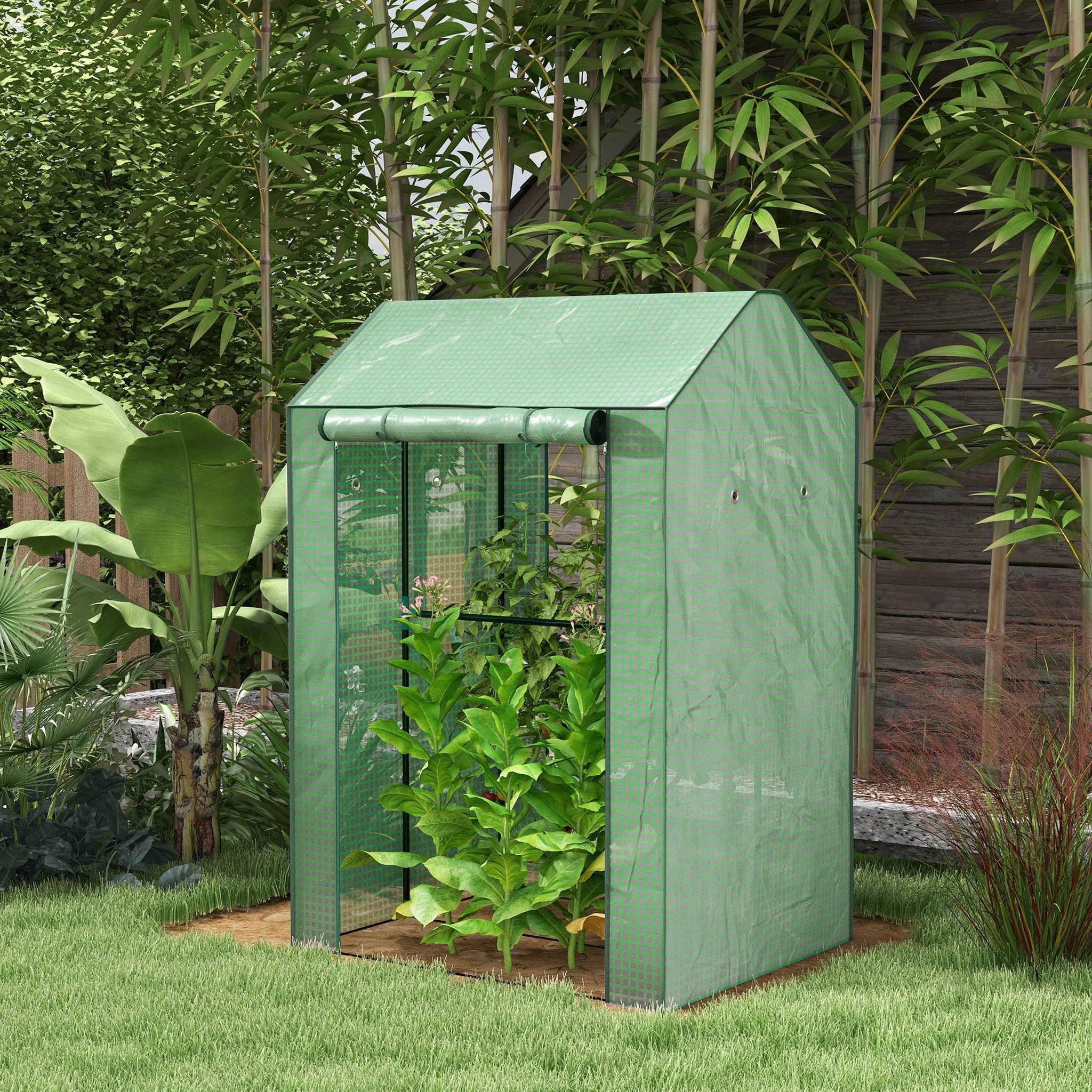 Voir la diapositive 4 : OUTSUNNY Serre de jardin avec 2 espaces et 2 portes enroulables - 0,8 m² serre à tomates dim. 1l x 0,8l x 1,5h m, acier et pe haute densité