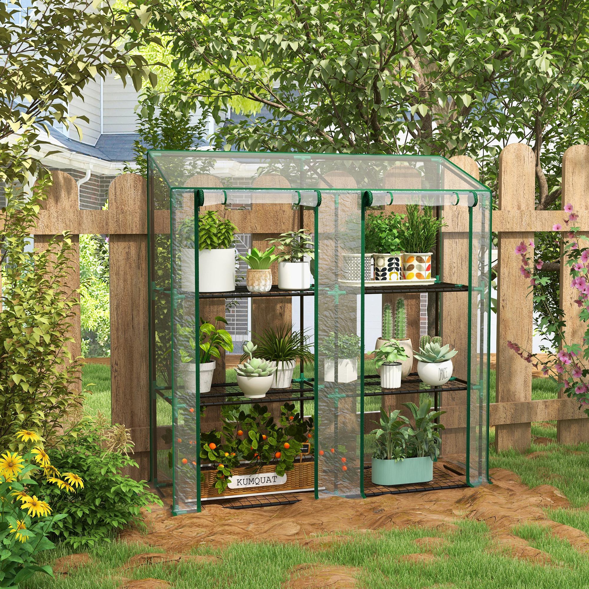 Voir la diapositive 2 : OUTSUNNY Mini serre de jardin 3 niveaux 2 portes 6 étagères