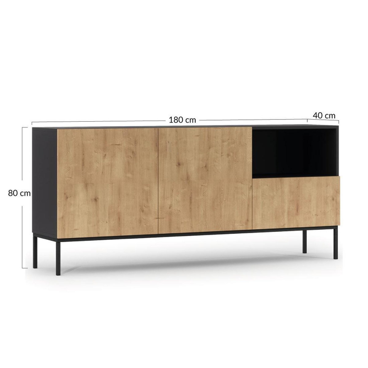 BEST MOBILIER Felicia - buffet bas - effet bois et noir - 2 portes, 1 tiroir et 1 niche - 180 cm