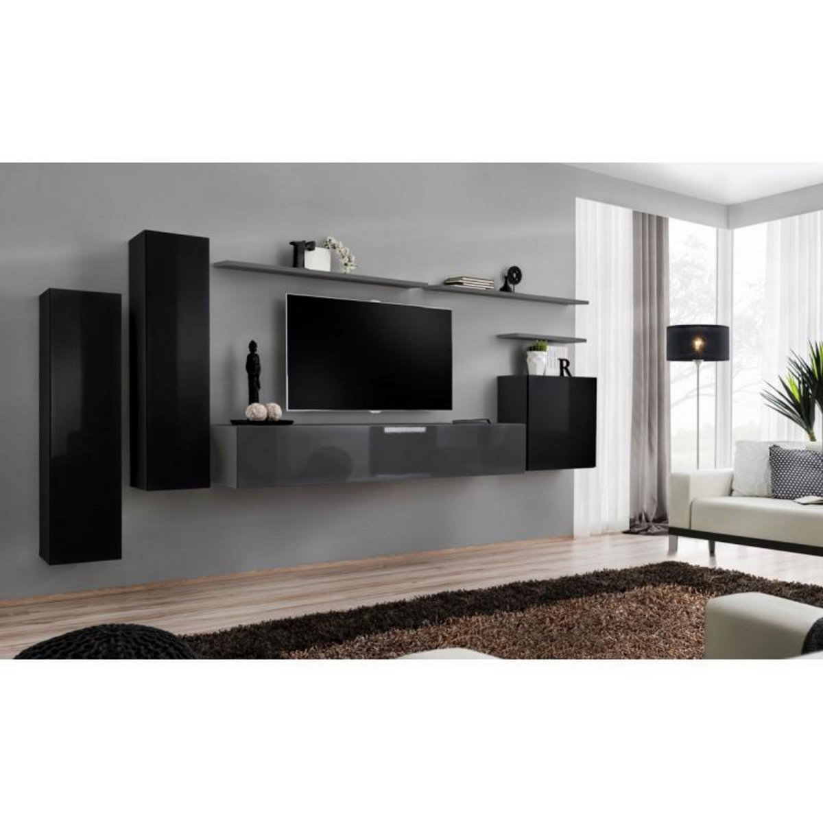Paris Prix Meuble TV Mural Design  Switch I  330cm Noir & Gris