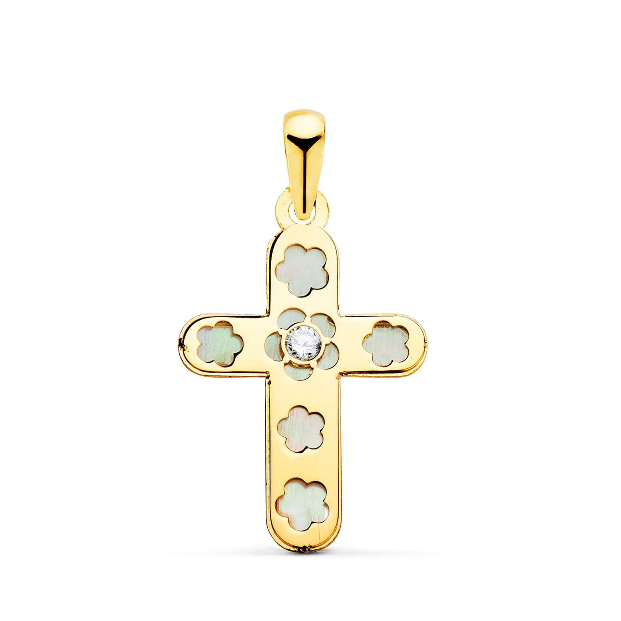 L'ATELIER D'AZUR Pendentif - Médaille Croix Or 18 Carats 750 Jaune et Nacre - Chaine Offerte