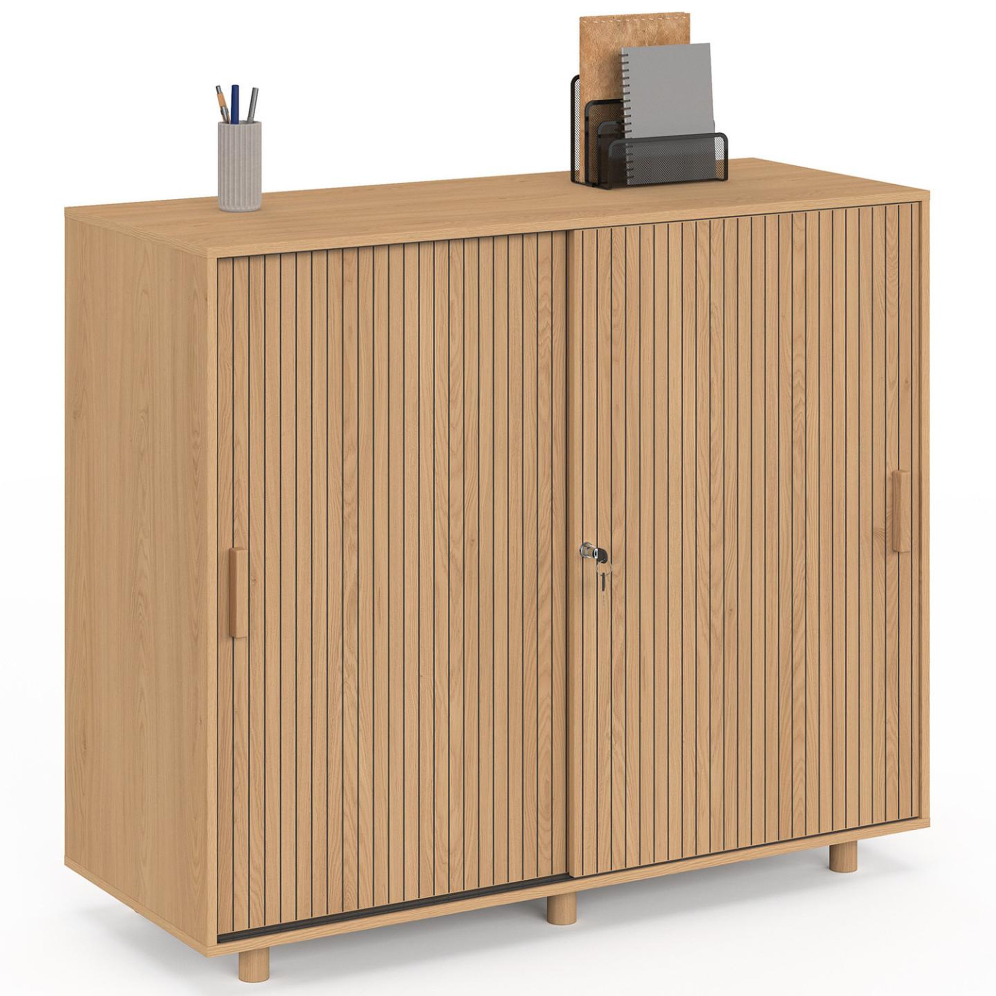ID MARKET Armoire basse de bureau 2 portes coulissantes verrouillables JULIETTE effet lattes tasseau bois