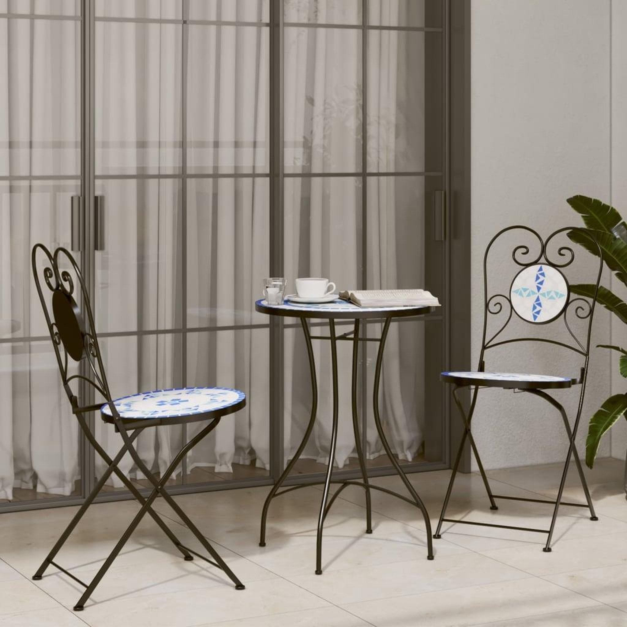 VIDAXL Ensemble de bistro mosaïque bleu et blanc fer et ceramique