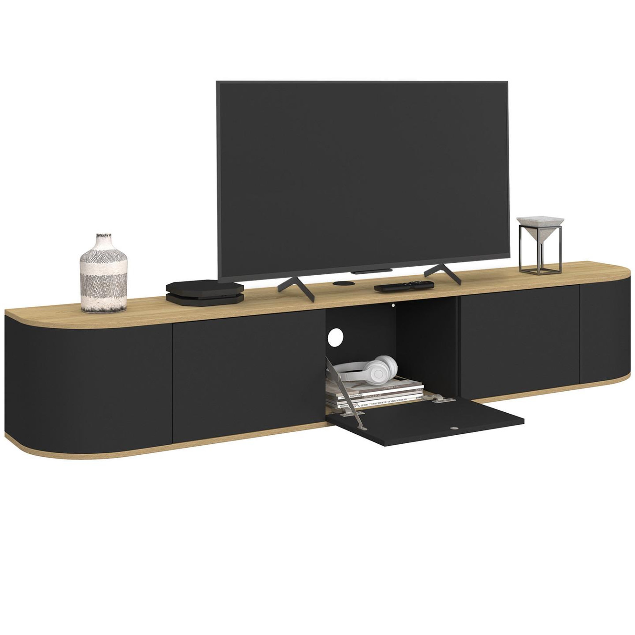 Voir la diapositive 4 : ID MARKET Meuble tv 180 cm suspendu leora 3 portes bois et noir