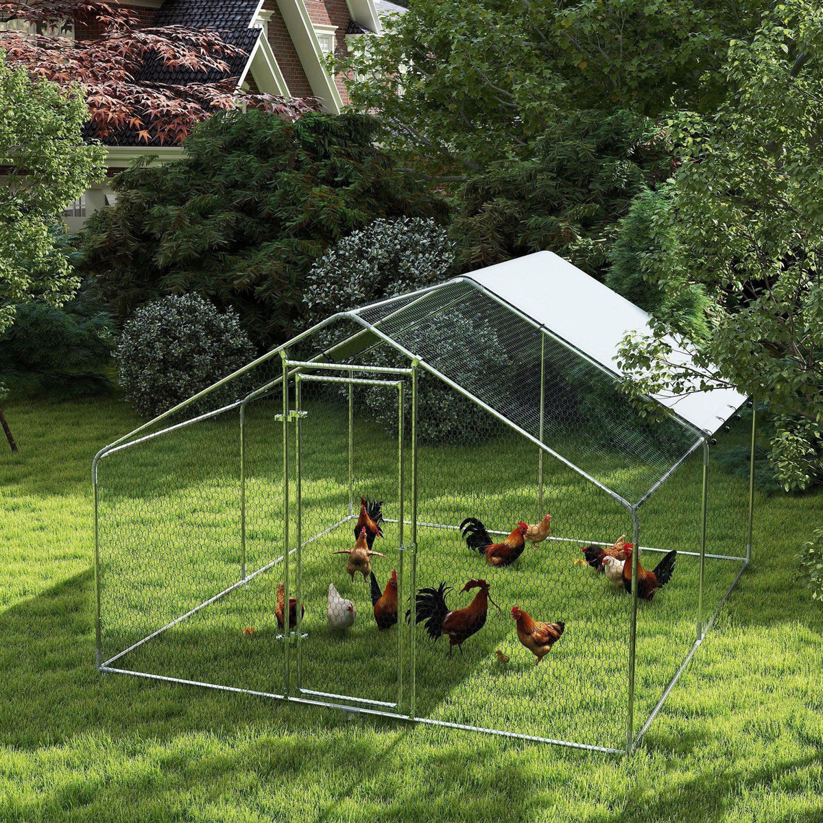 PAWHUT Enclos poulailler chenil 10,2 m² - parc grillagé dim. 3L x 3,4l x 1,9H m - espace couvert - acier galvanisé