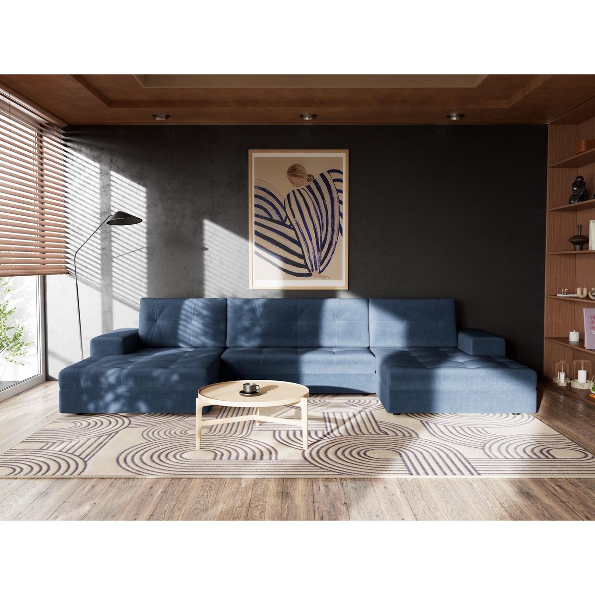 BEST MOBILIER Bastian - canapé panoramique en u 7 places convertible avec coffre en velours texturé